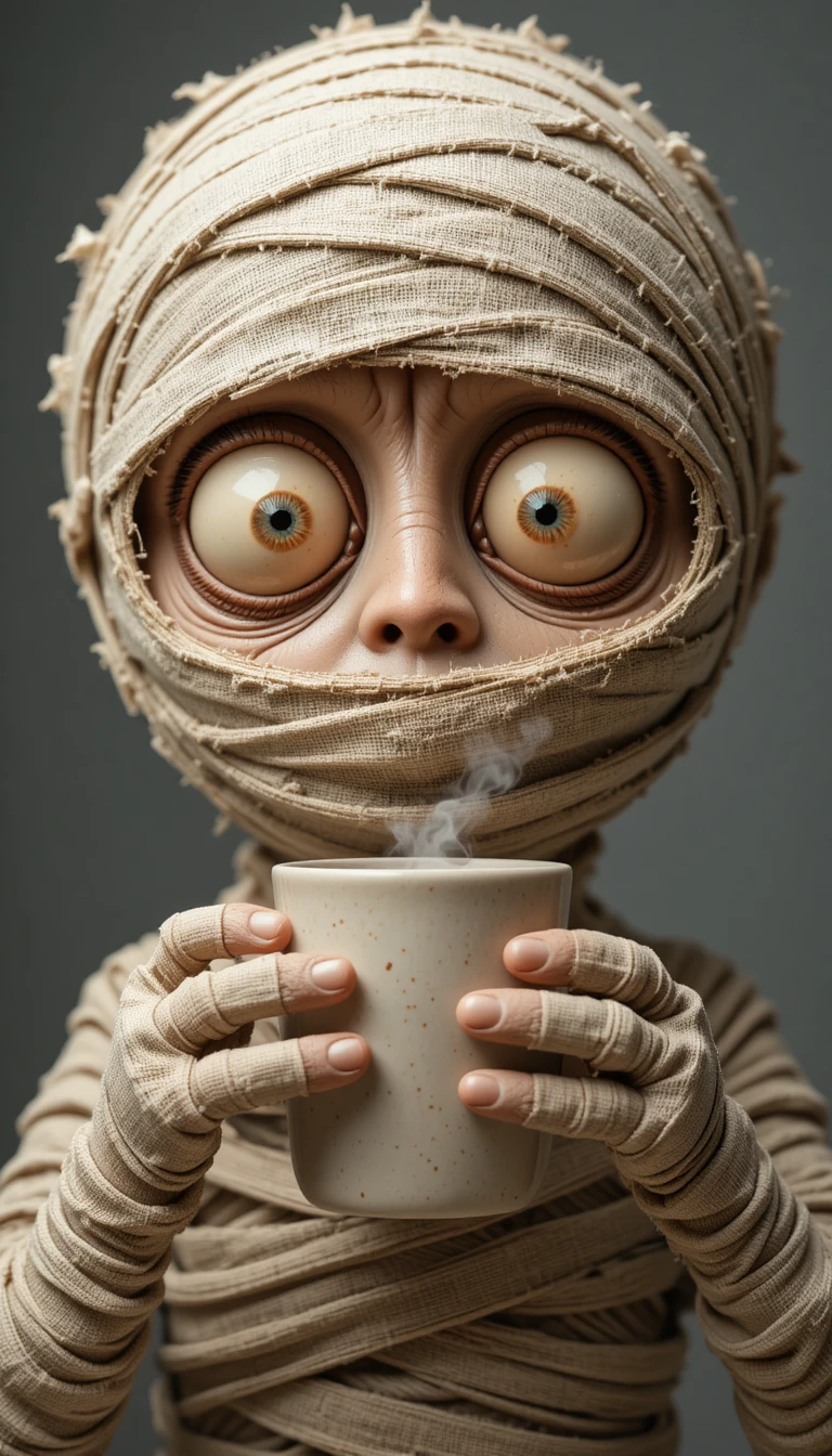 Múmia sonolenta em close segurando uma caneca de café fumegante