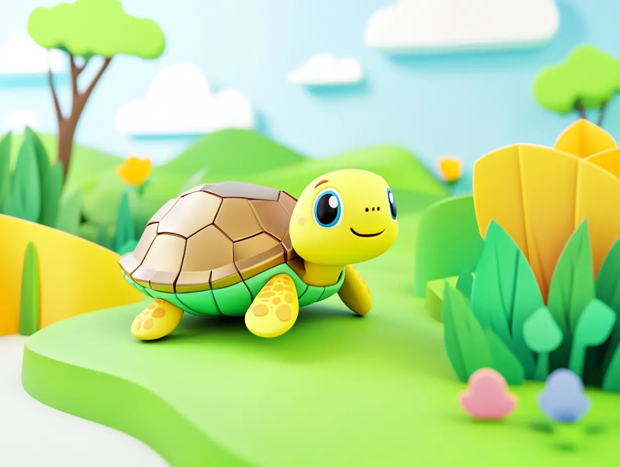 Süße 3D‑Cartoon-Schildkröte in einem verspielten Fantasie-Lebensraum