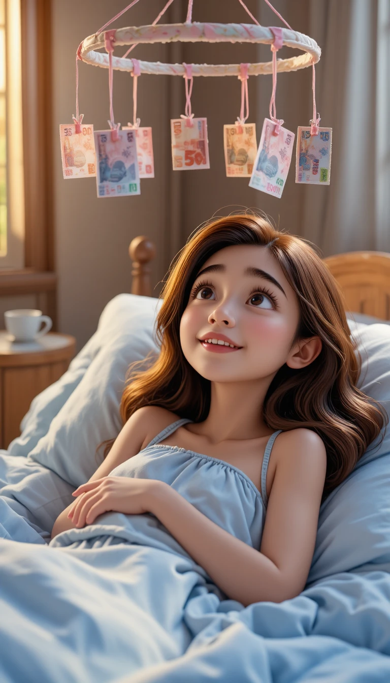 Ragazza sognante a letto sotto un mobile di denaro fluttuante