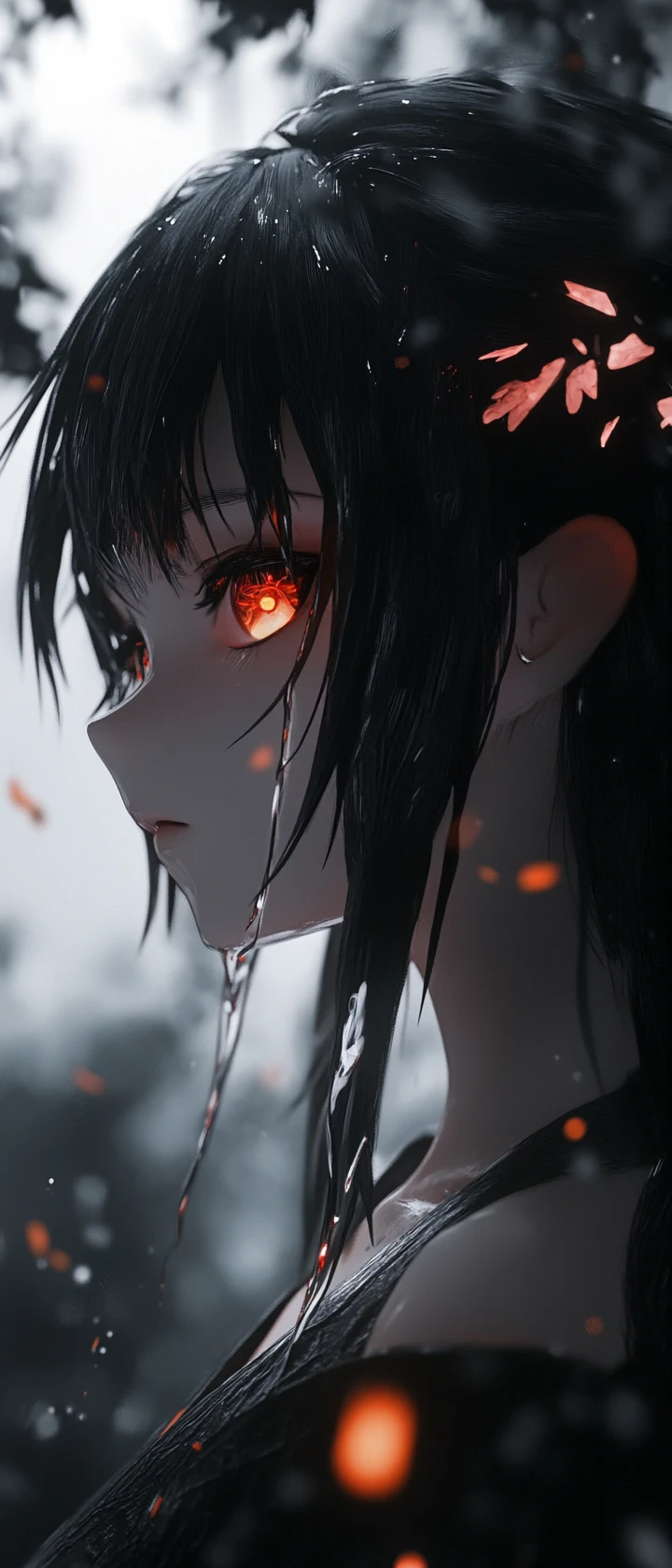 Sorrowful 3D anime girl with glowing unearthly eyes