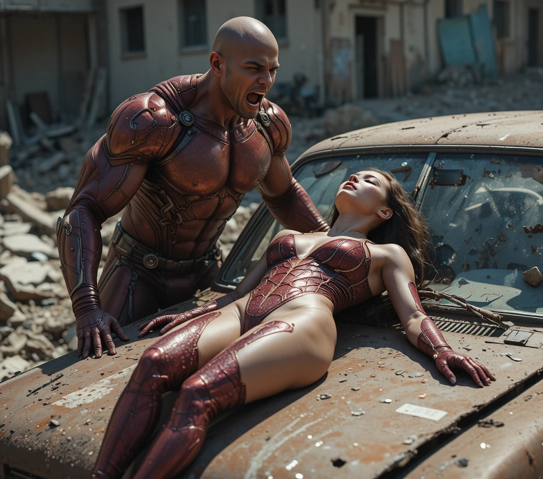 Super-herói blindado protegendo mulher inconsciente sobre carro destruído
