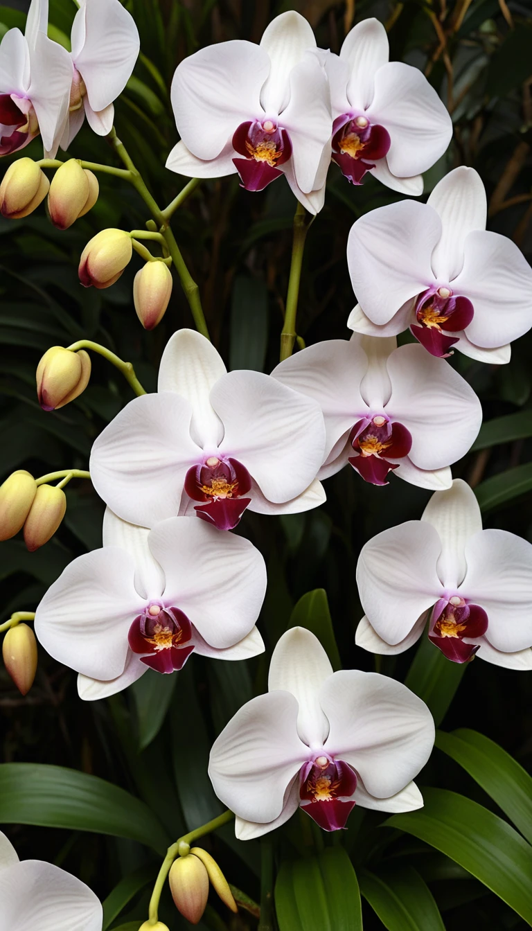 Denso racimo de orquídeas blancas exóticas con venas carmesí