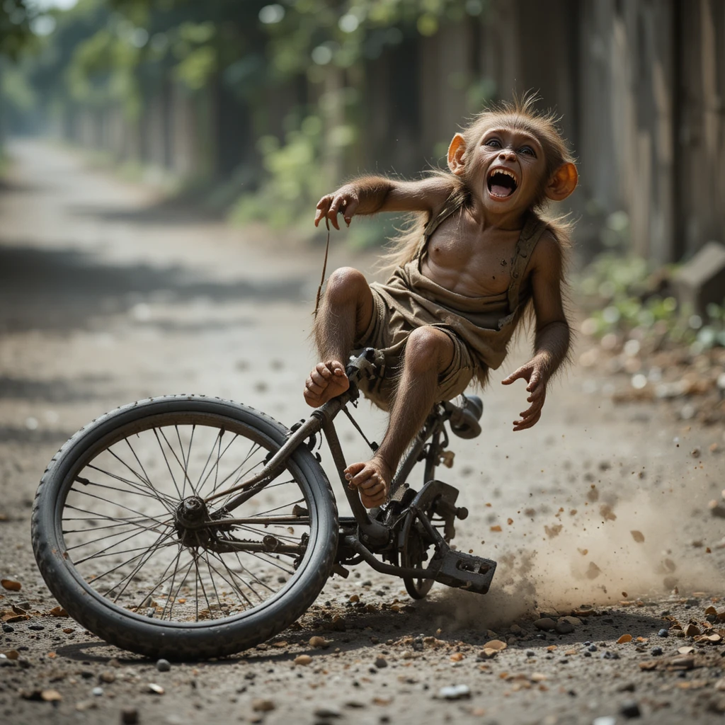 ほっそりしたサルが自転車から転げ落ちる埃っぽい道