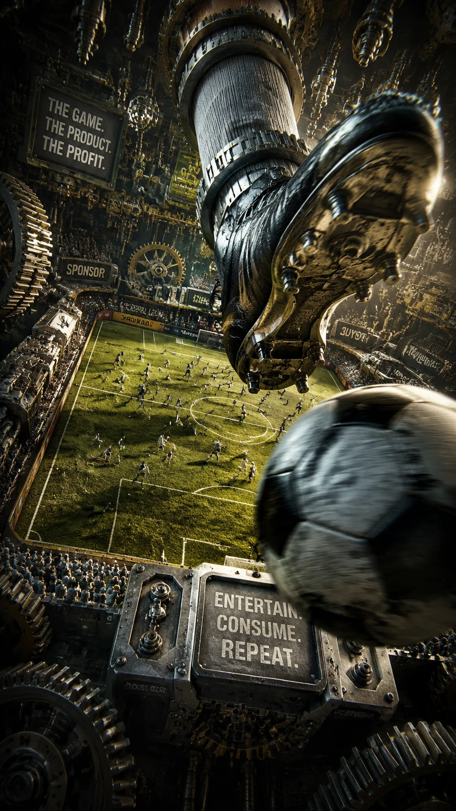 Surreal soccer match inside a giant mechanical world
