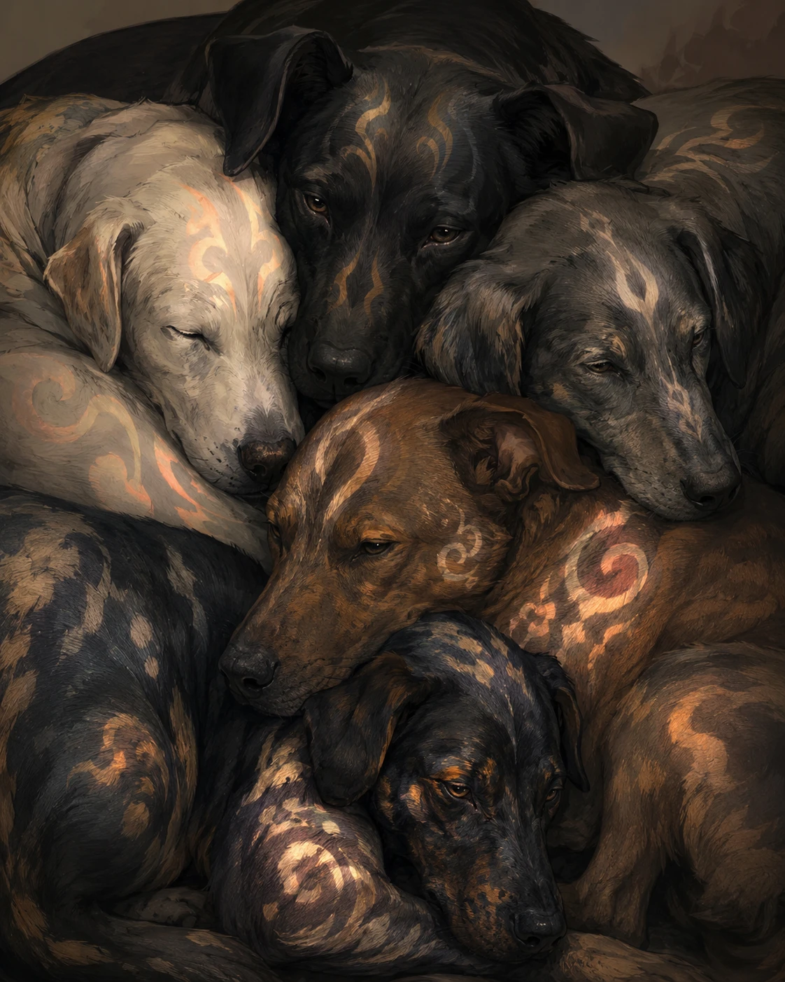 Grupo compacto de cães-pintados com pelagem em brilho suave