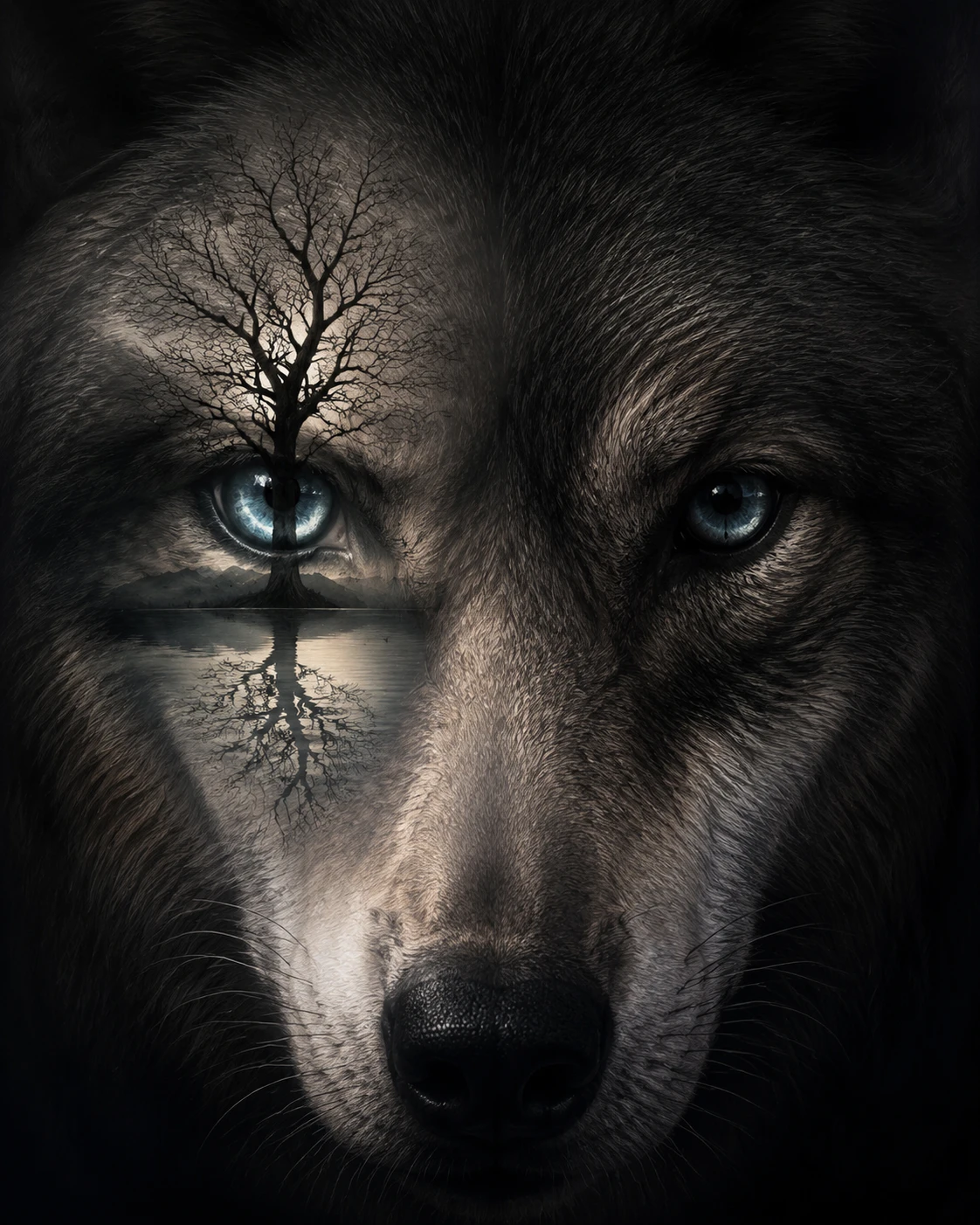 Retrato surreal de lobo com olho que se transforma em paisagem silenciosa