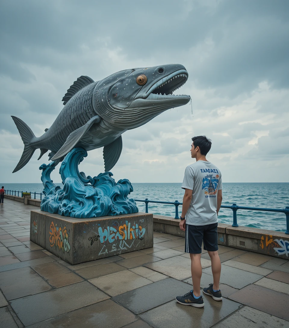 Giovane che pesca accanto a una gigantesca statua di celacanto sul lungomare