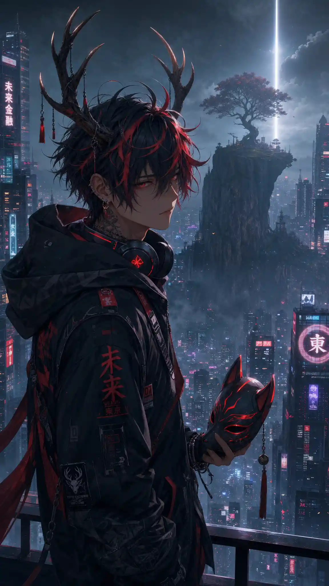 Anime antlered man above a misty cyberpunk city