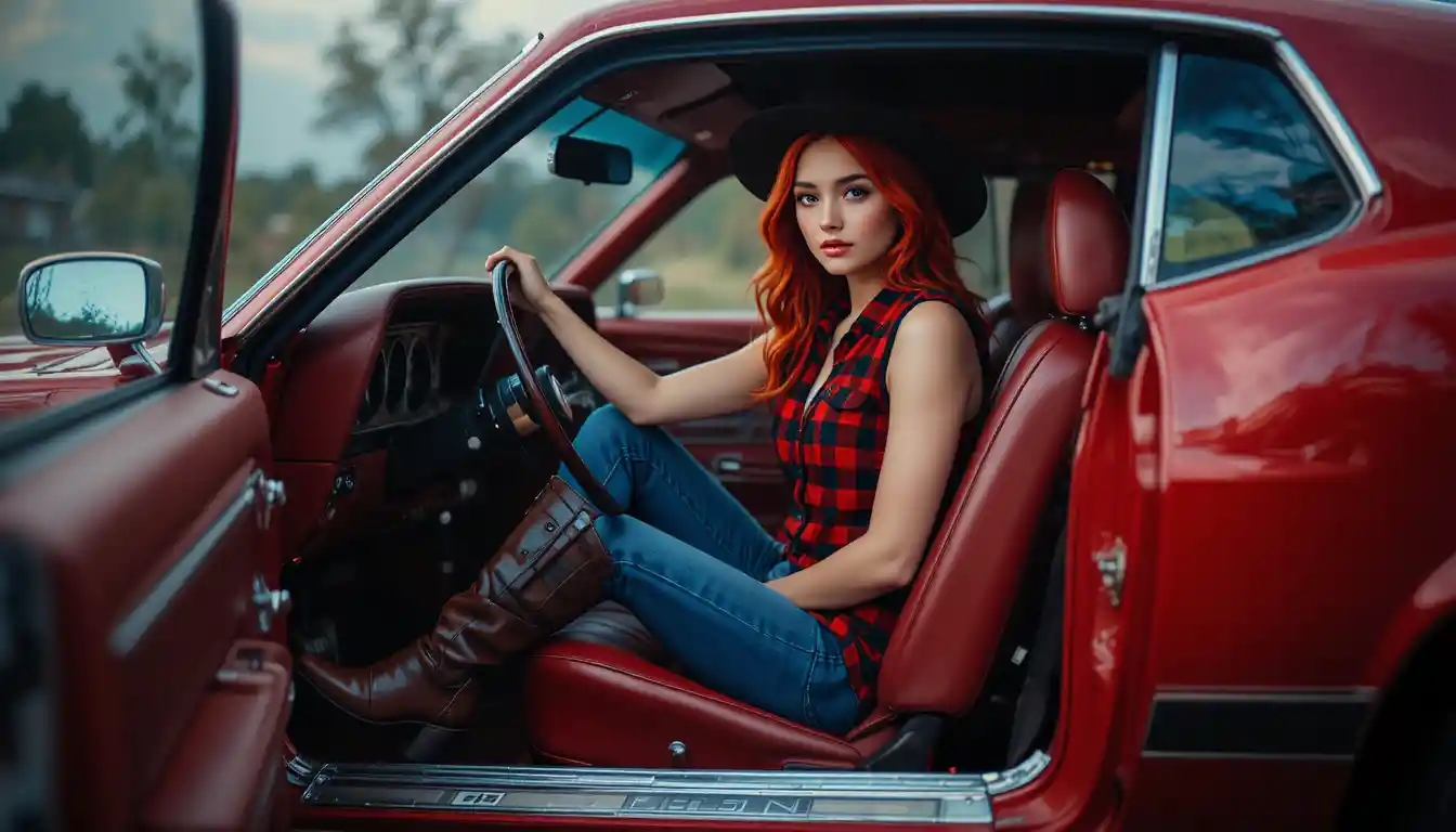 Red haired woman in cowboy hat inside classic red mustang