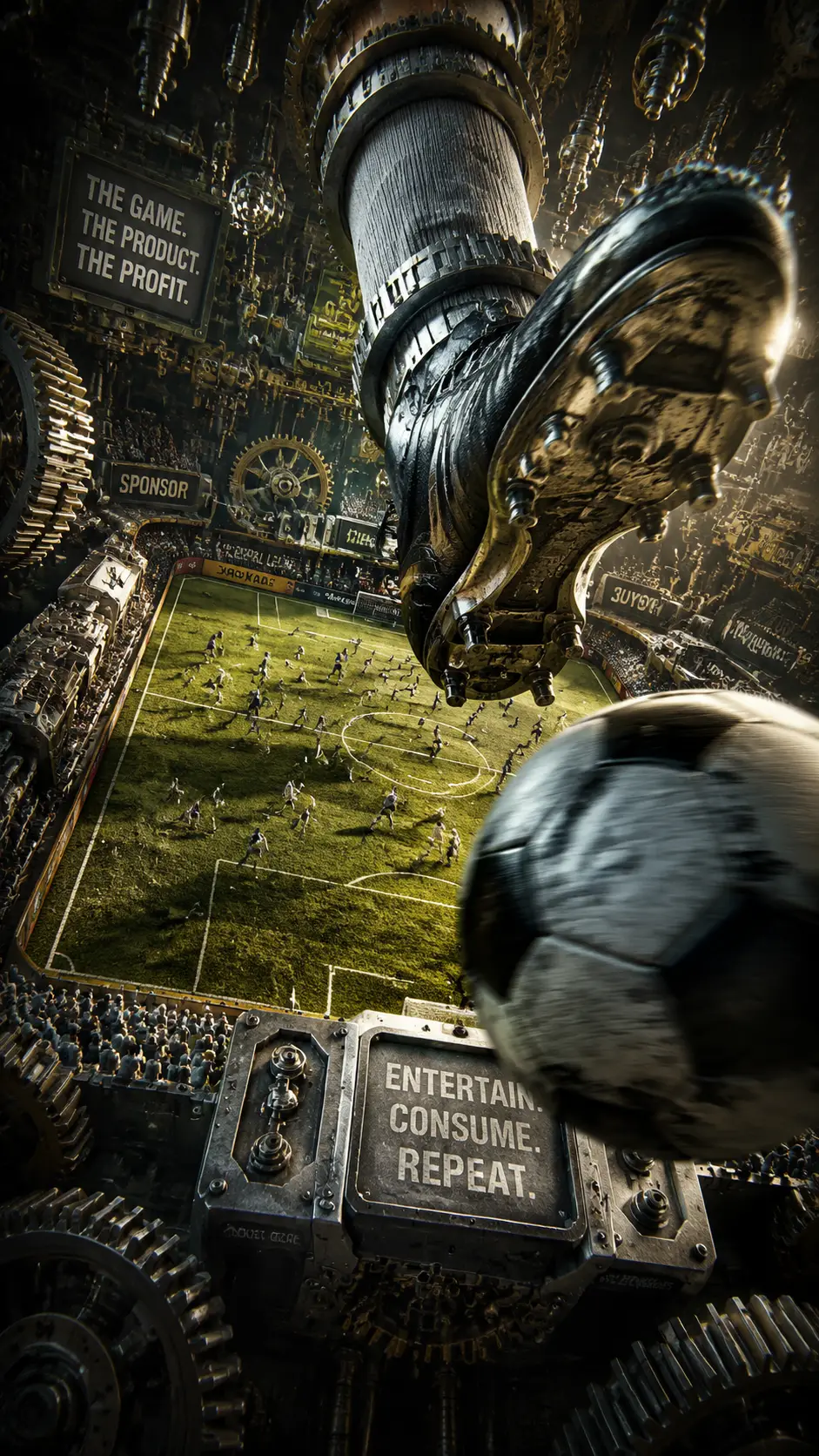 Partido de fútbol surrealista dentro de un mundo mecánico gigante