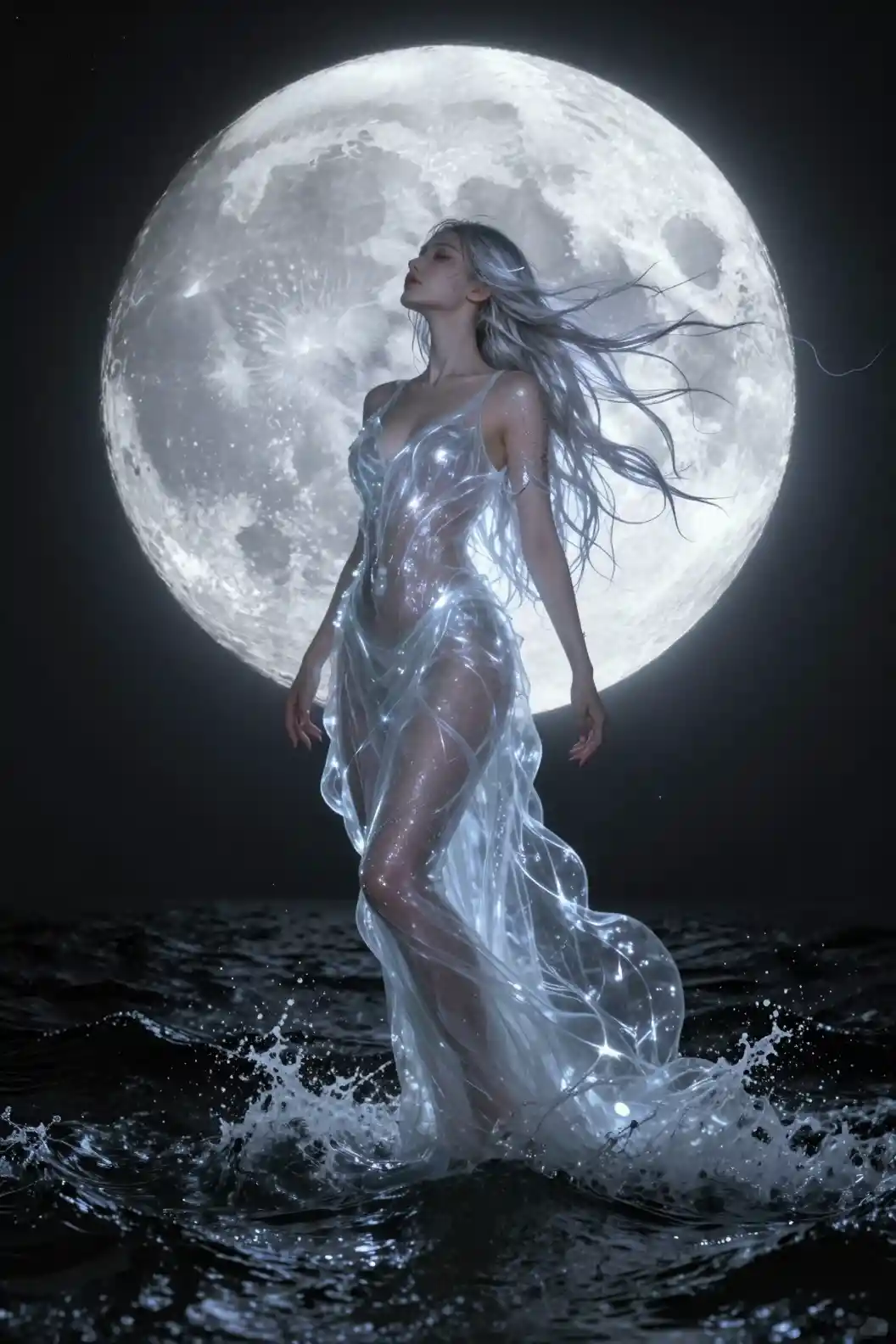 Mythic siren rising before a giant glowing moon