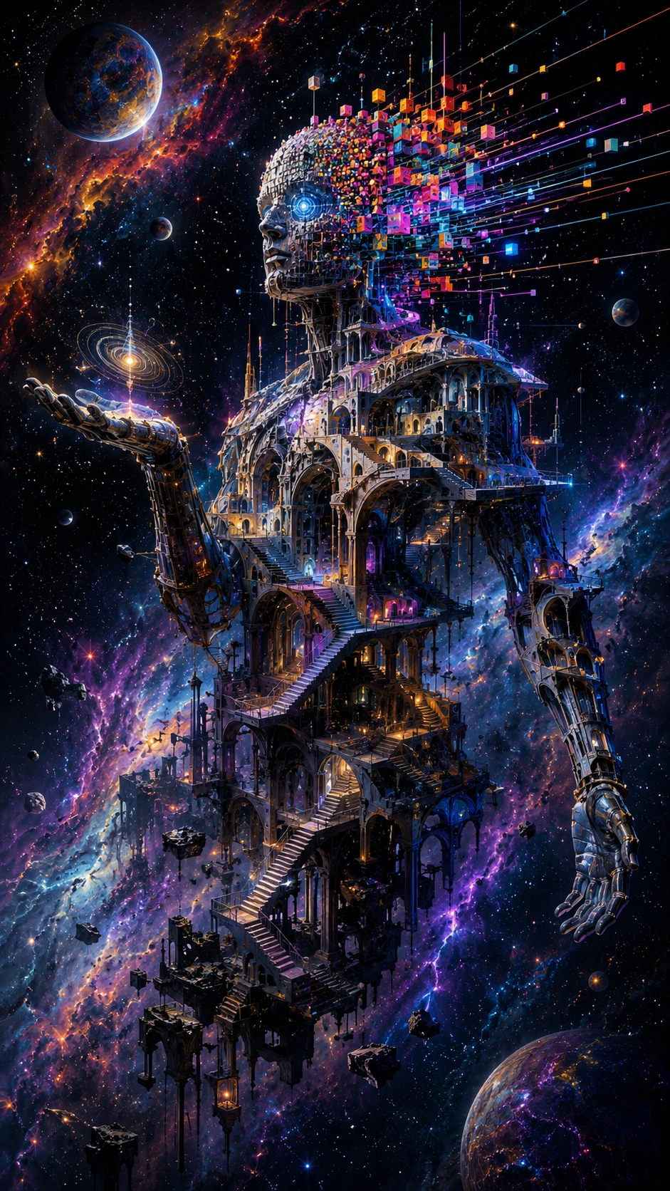 Navegante cósmico surreal formado a partir de arquitectura en el espacio profundo