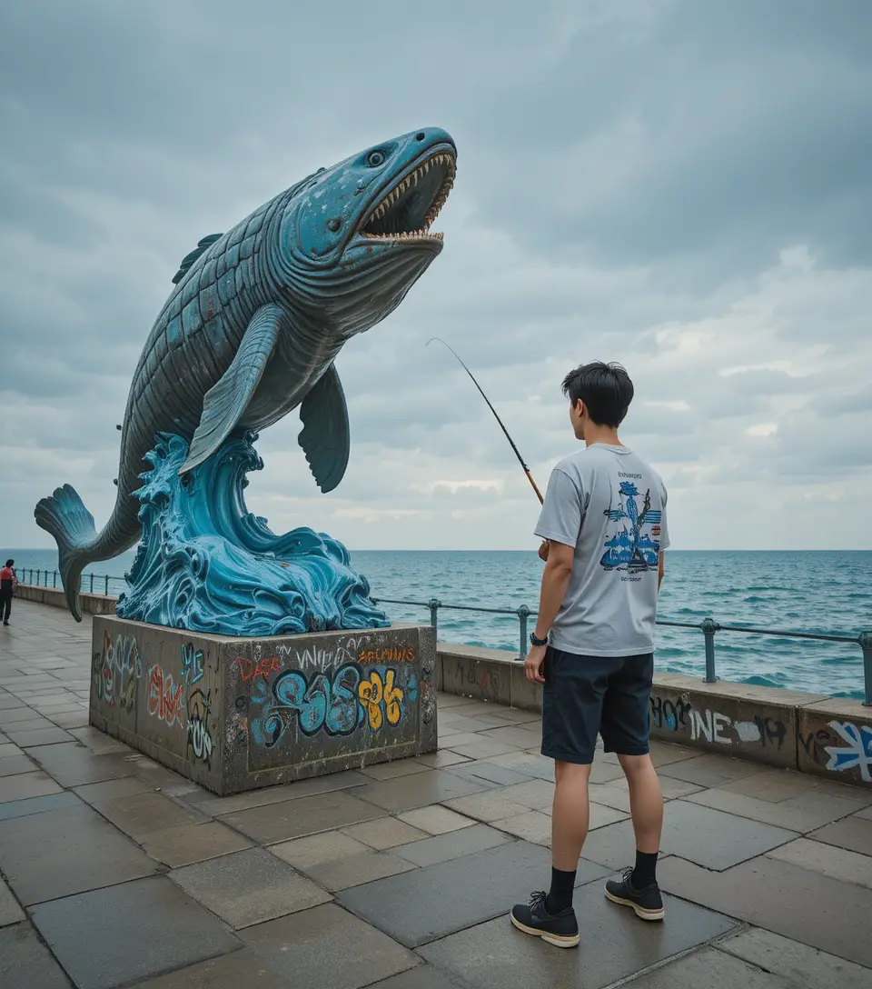 Joven pescando junto a una gran estatua de celacanto frente al mar