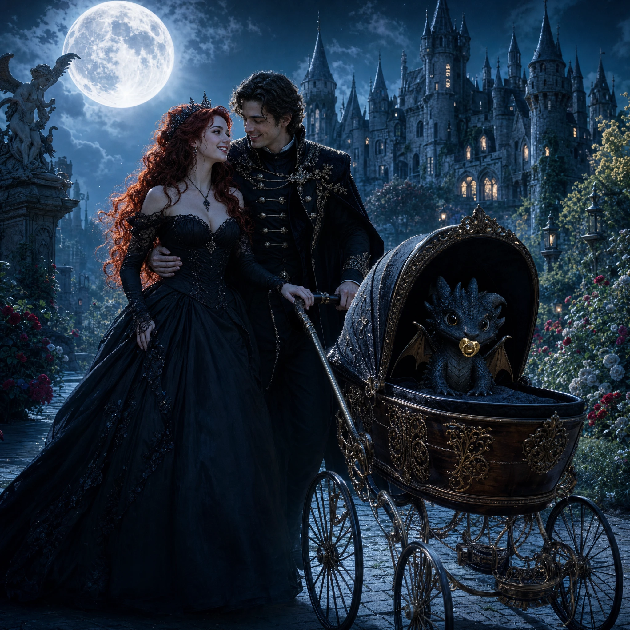 Princesse et prince marchant avec un landau pour bébé dragon