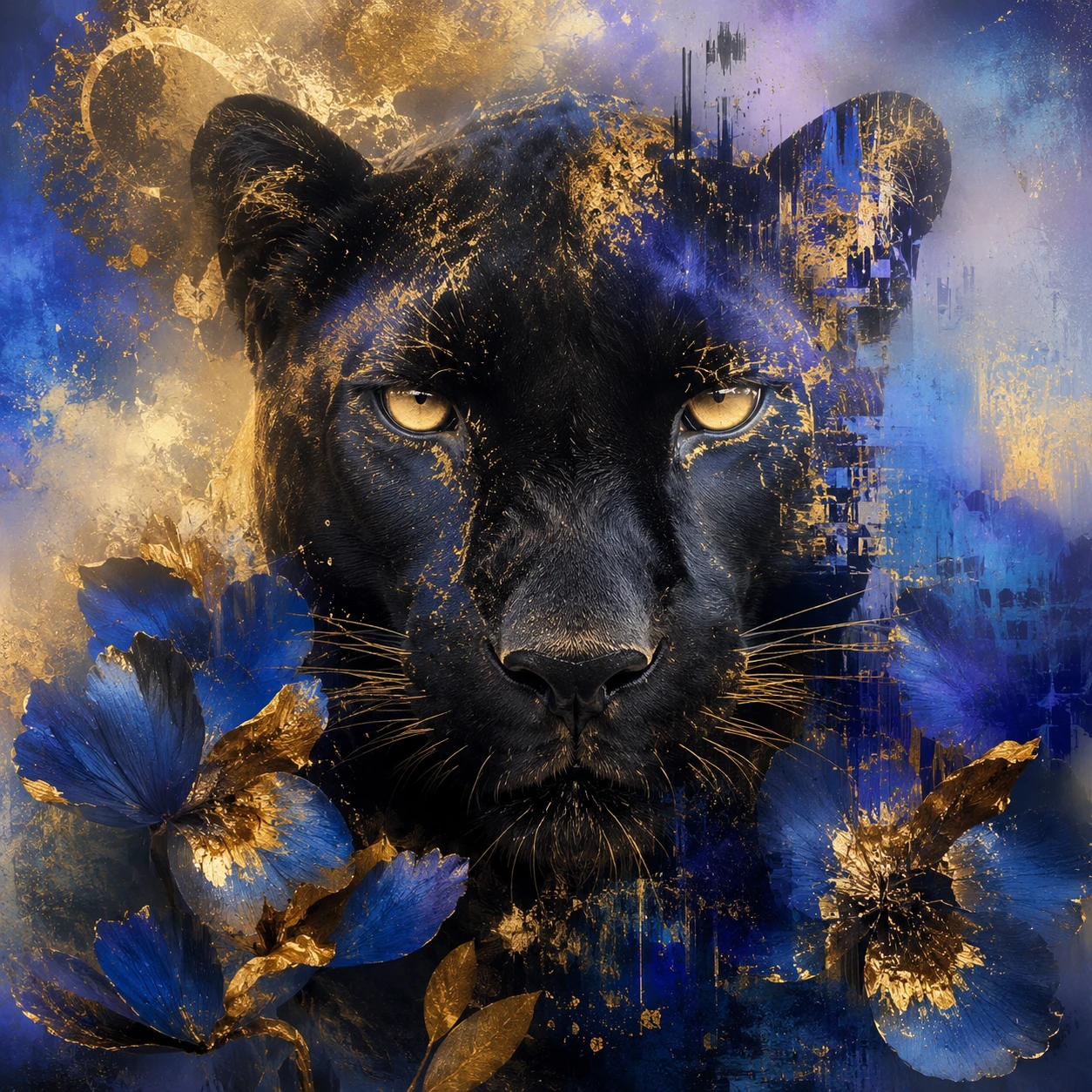 Arte digital em close de uma pantera negra com dourado