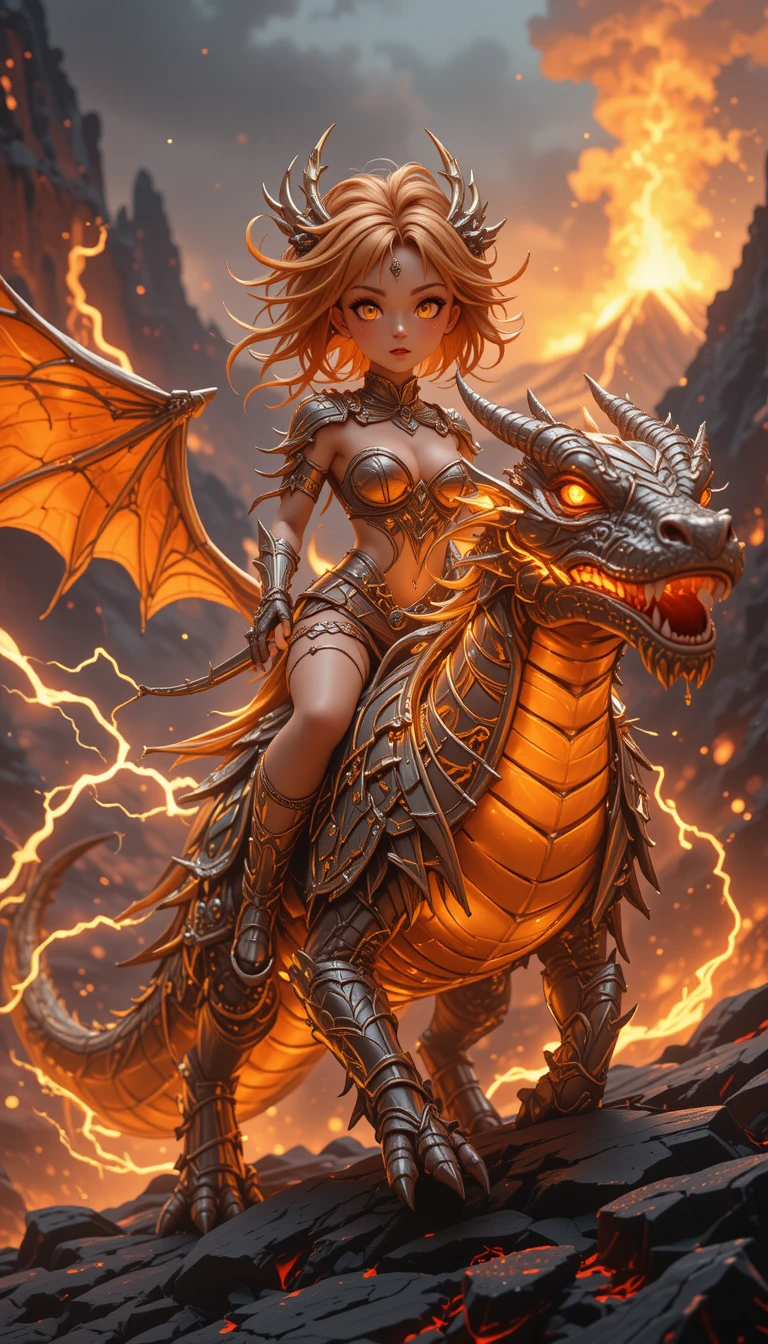 Guerriera anime che cavalca un drago sopra un paesaggio vulcanico