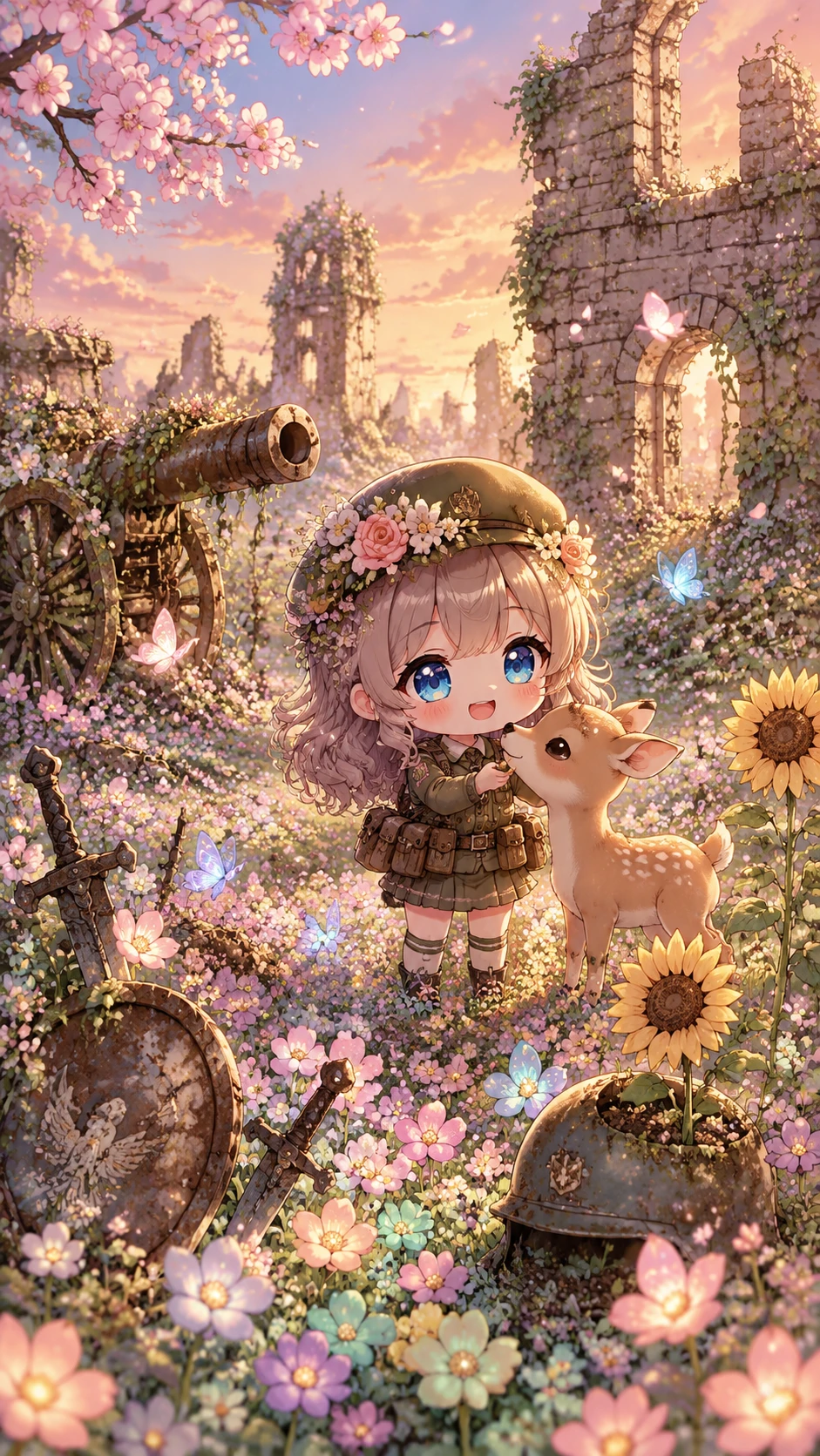 Menina Soldado Chibi com Cervo em Campo de Batalha Florido