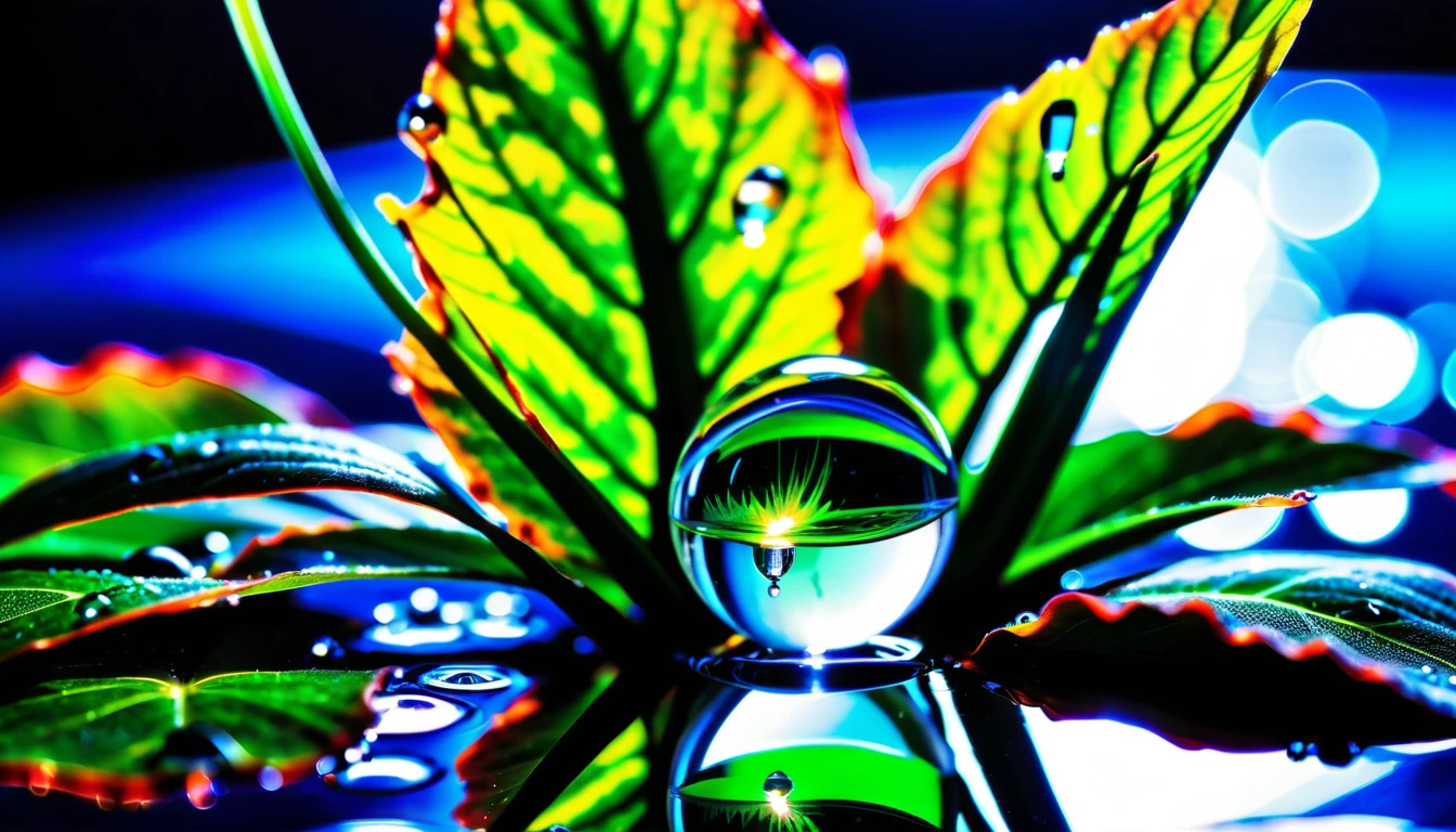 Gota de rocío macro en hoja verde con diminuto mundo oceánico