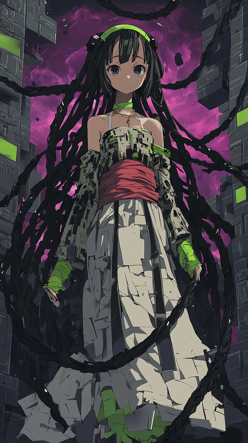 Garota de anime em um mundo surreal de blocos cinzas e árvore