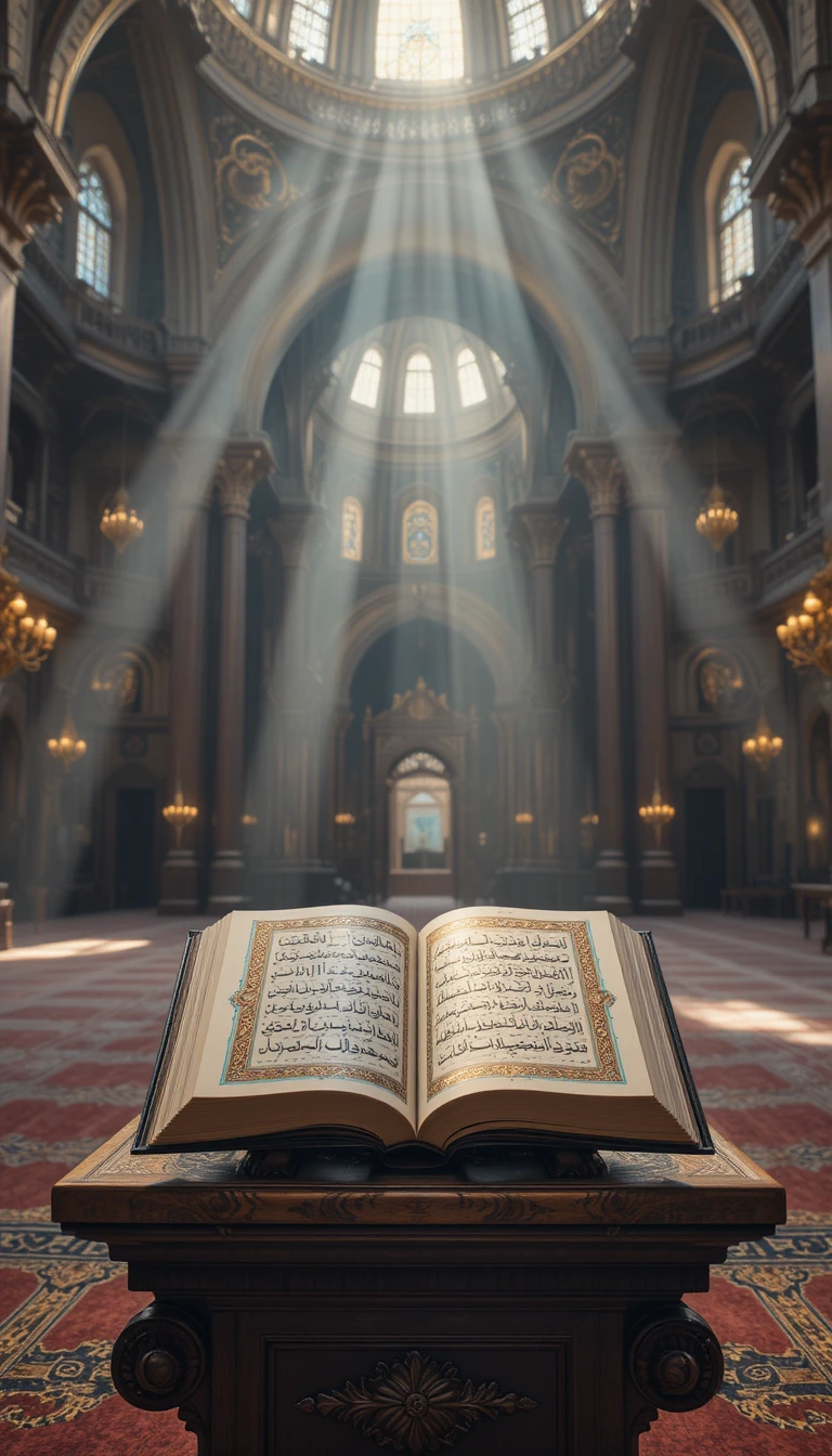 Alcorão Sagrado Aberto em Suporte de Madeira à Luz de uma Grande Mesquita