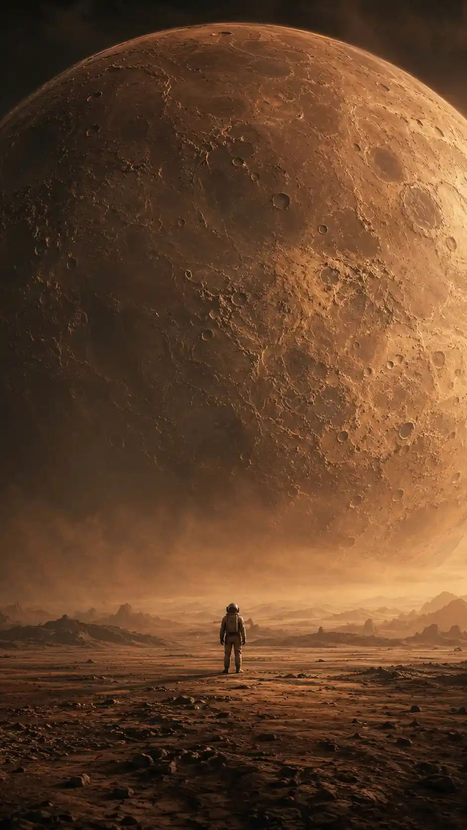 Astronaut In Desolate Desert Under Massive Planet