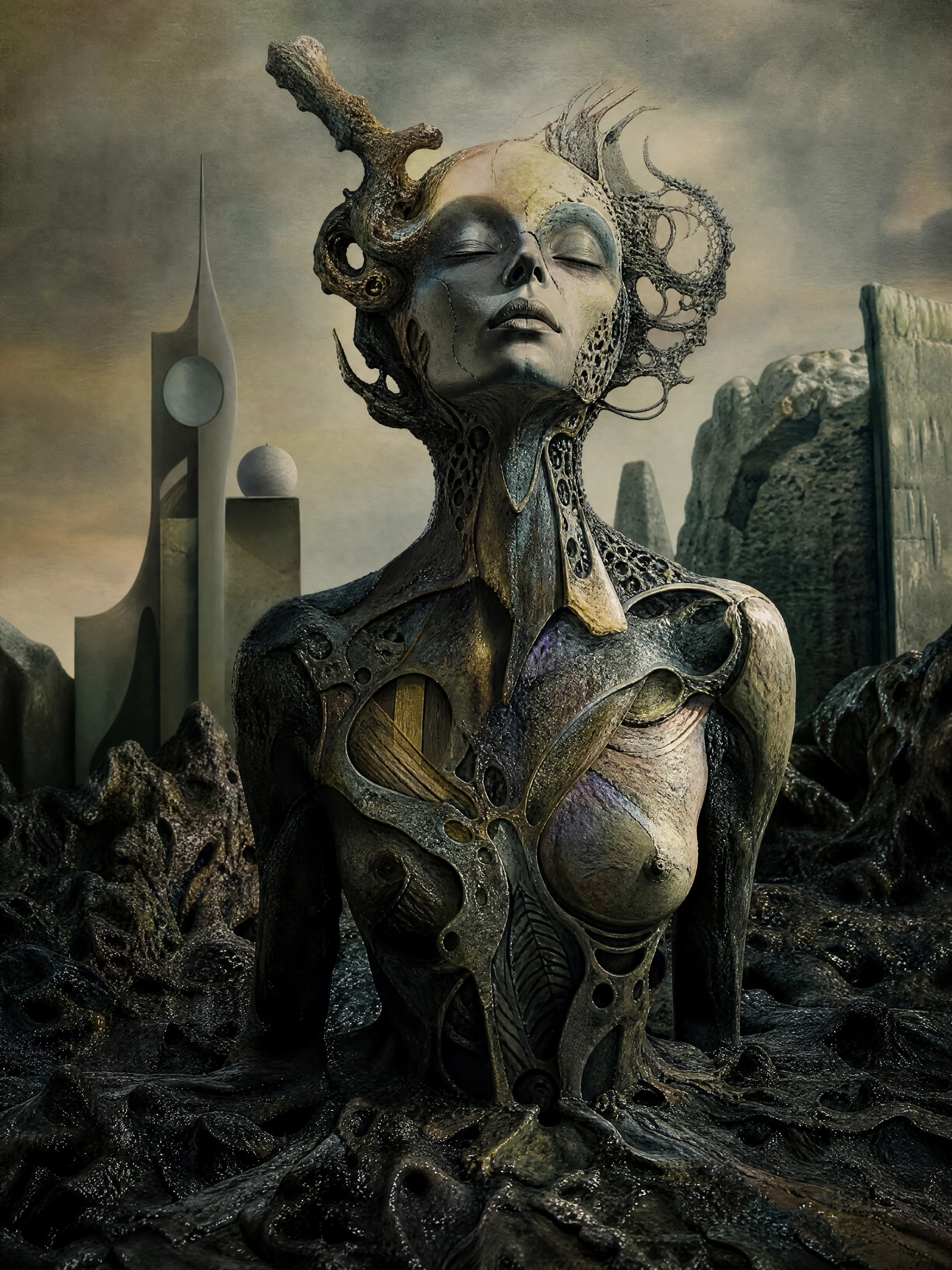 Figura humanoide surreal erguendo-se de uma paisagem abstrata primordial