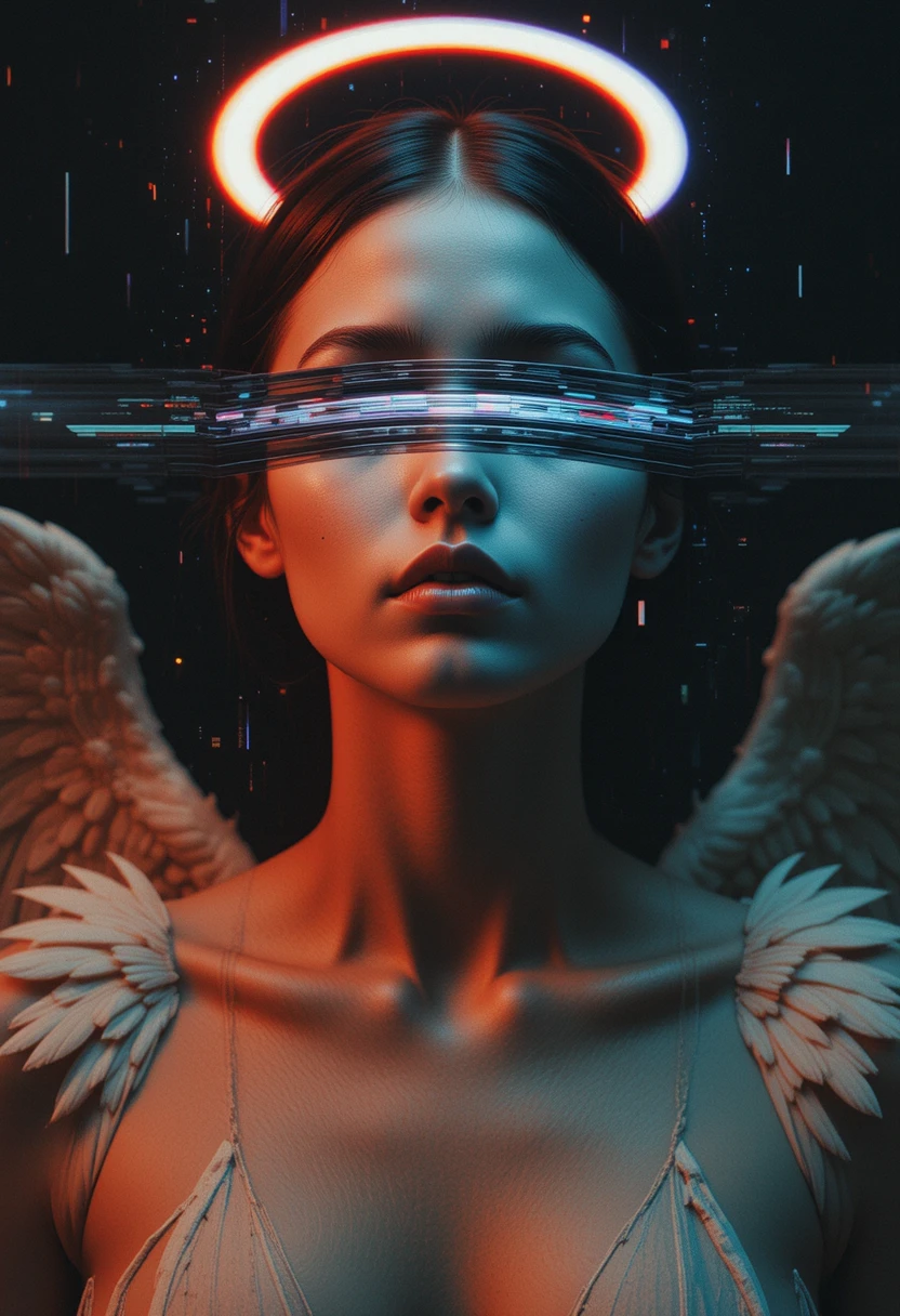 Primer plano angelical sombrío con ojos ocultos por glitch