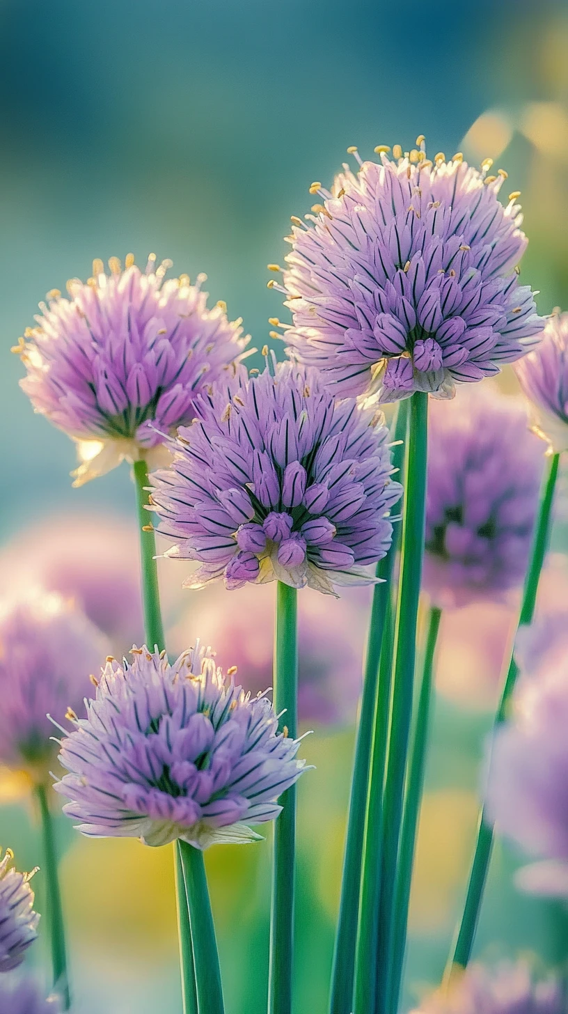 Close ultra detalhado de flores de cebolinha na brilhante luz da primavera