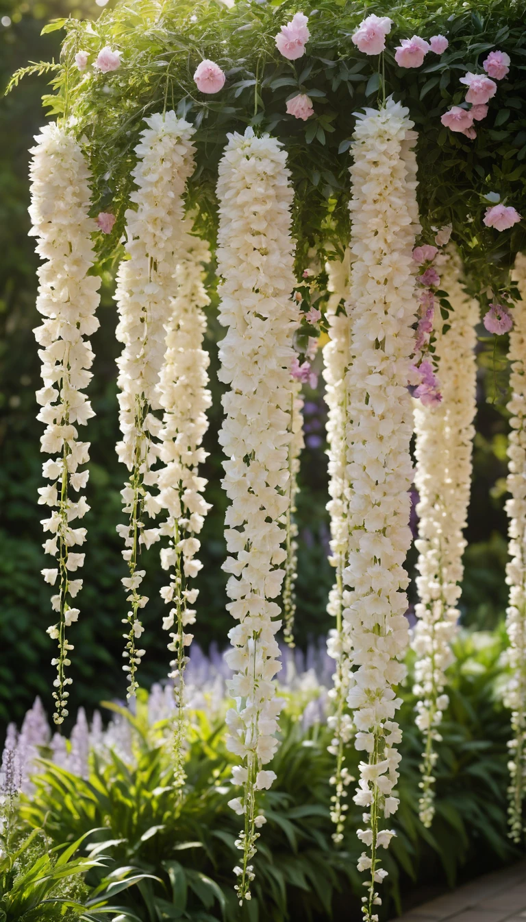 Cascade de fleurs blanches et lavande sous un soleil éclatant de jardin