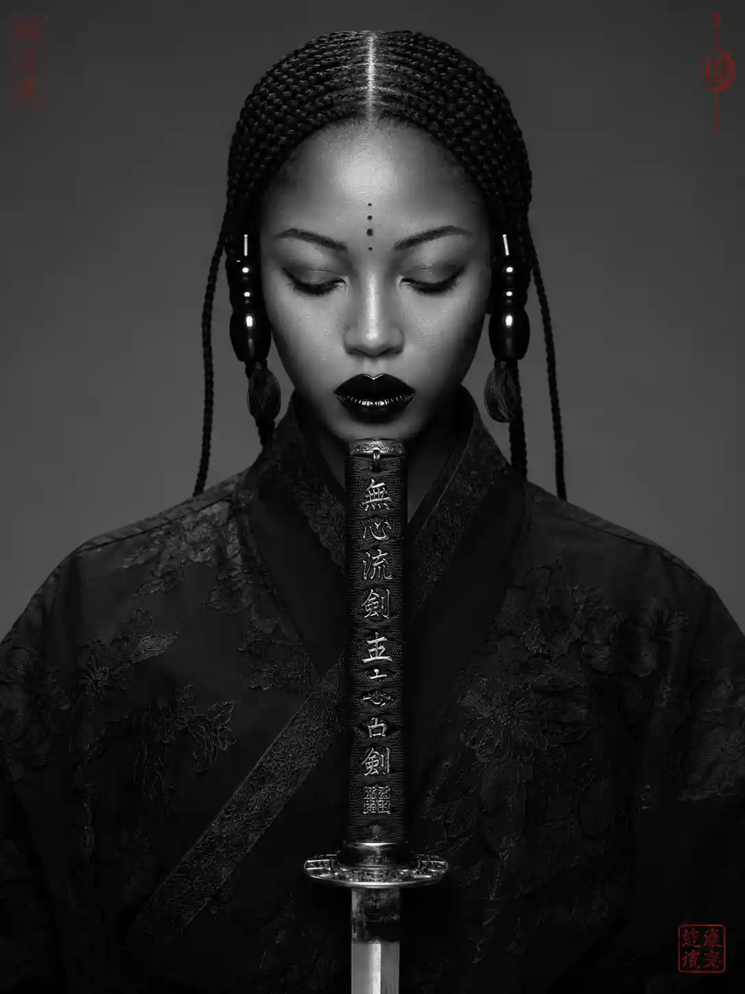 持武士刀的非裔日本女性寧靜肖像