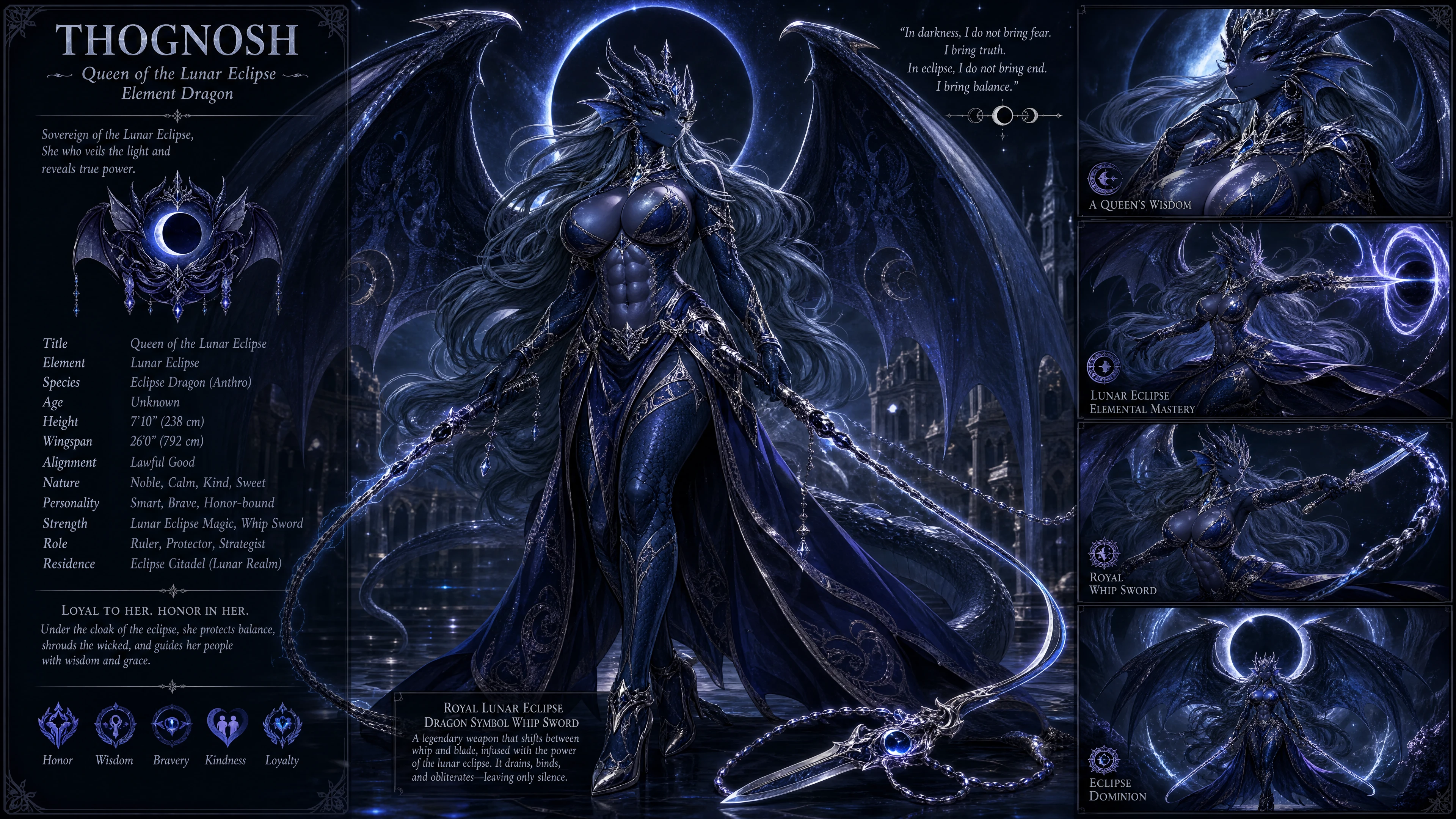 Regal winged dragon queen with lunar eclipse power