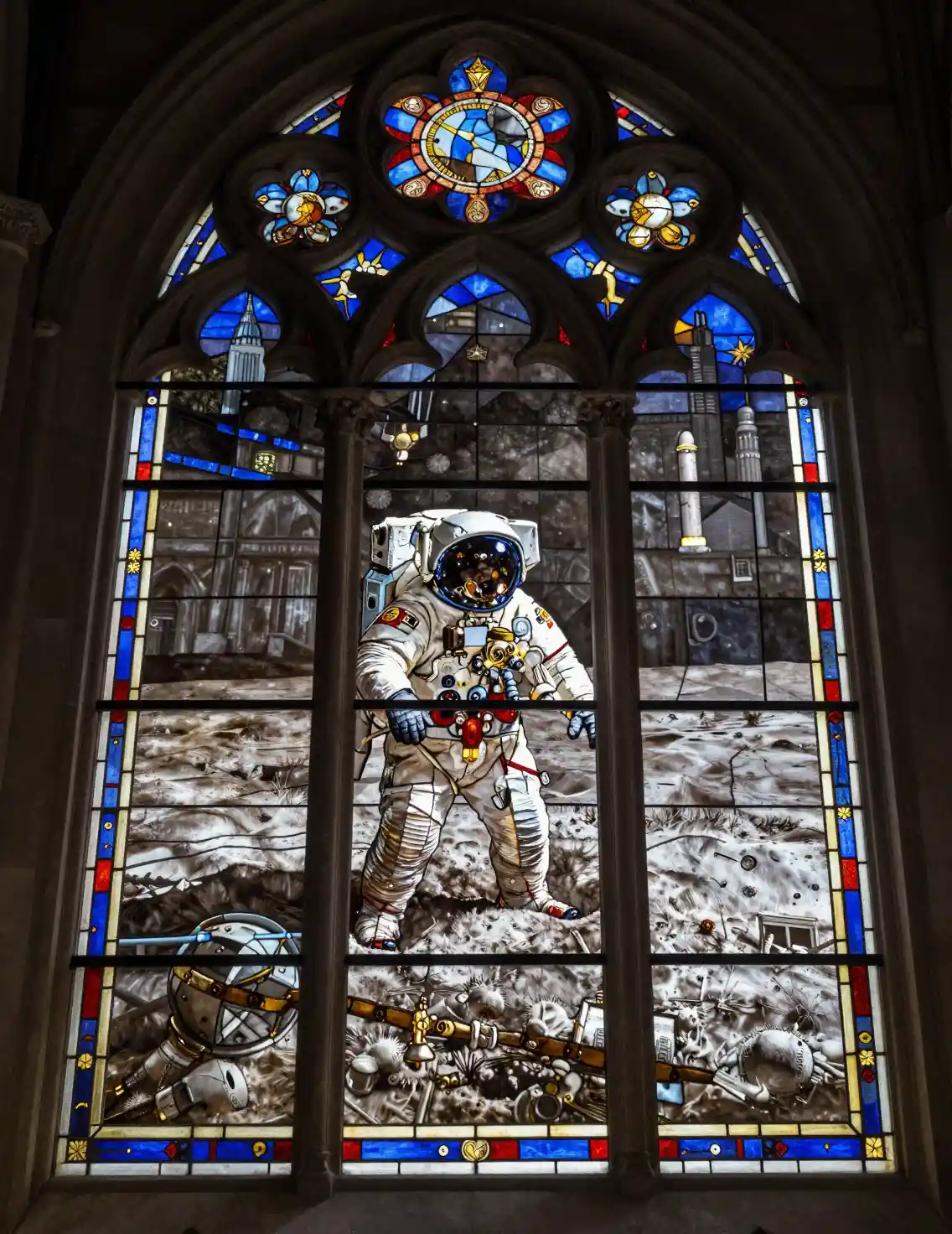 Stained glass cathedral window depicting the Apollo 11 moon landing