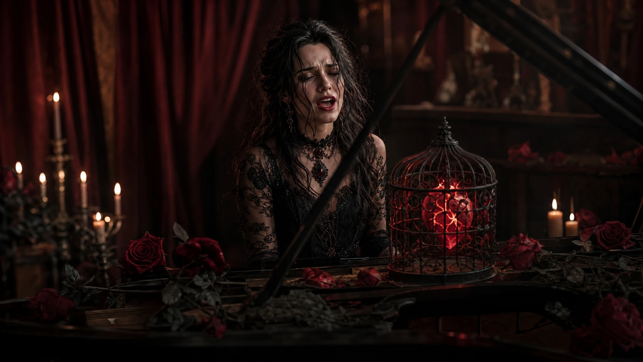 Femme gothique chantant au piano pour un cœur lumineux en cage