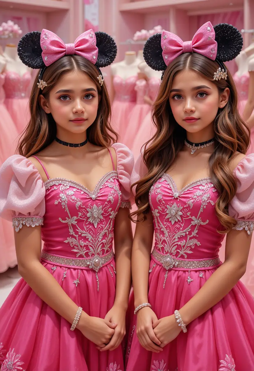 Zwei vorpubertäre Jungen in pinken Minnie-Kleidern im Laden