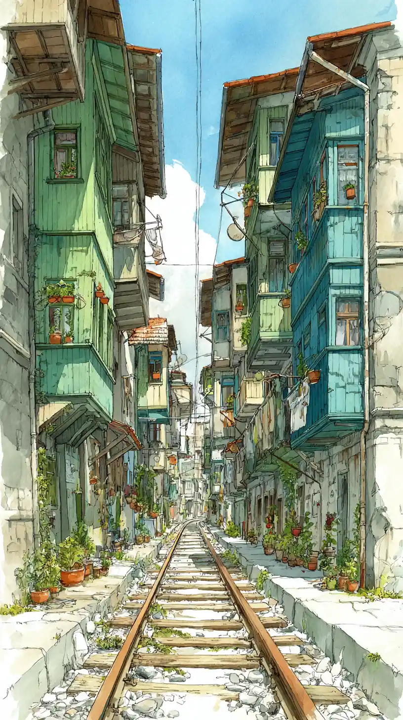 Watercolor Alley With Railway Track And Wooden Houses