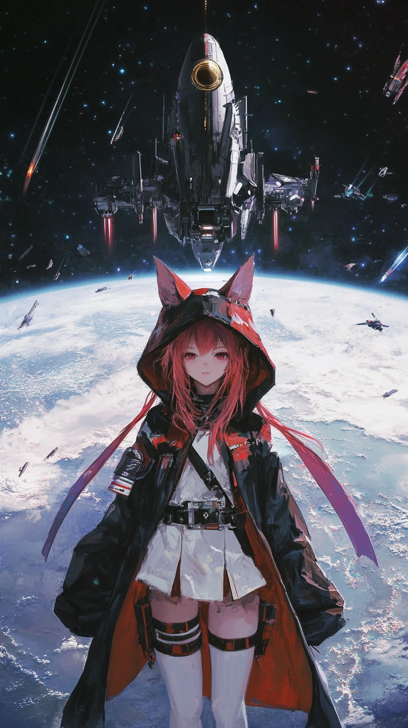 Naves espaciales de anime combatiendo en órbita sobre un mundo colosal