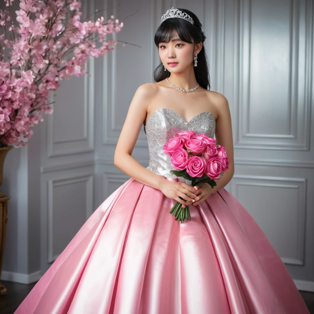 Elegante noiva japonesa em vestido tomara-que-caia de cetim rosa