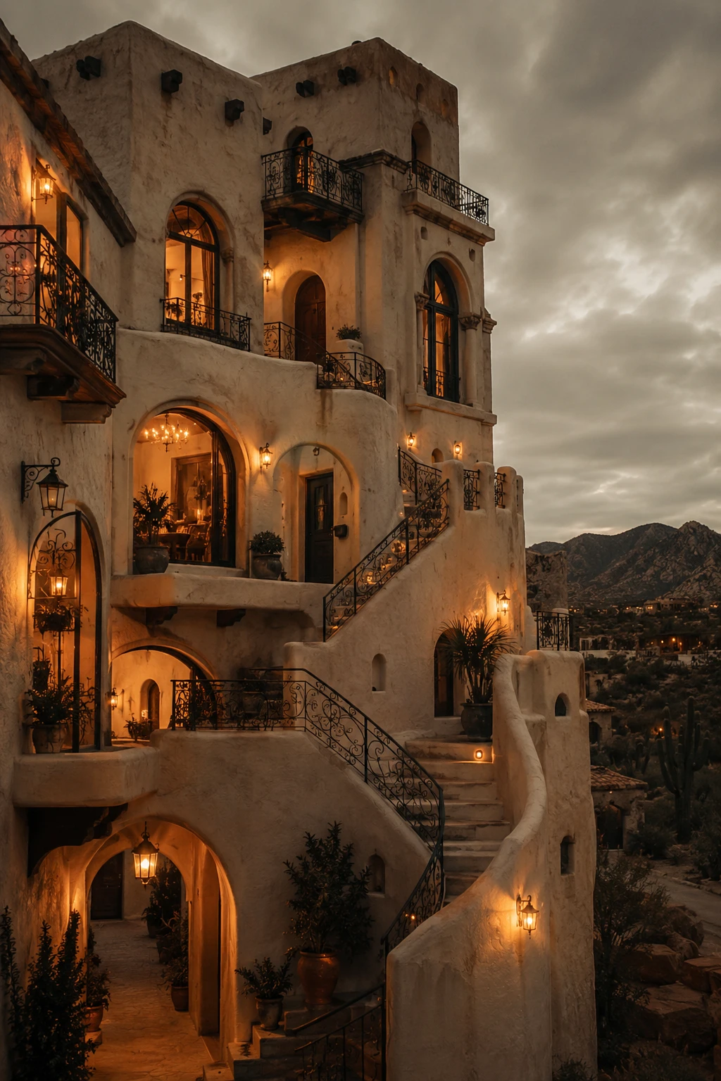 Tall southwestern style 3d buildings with glowing archways