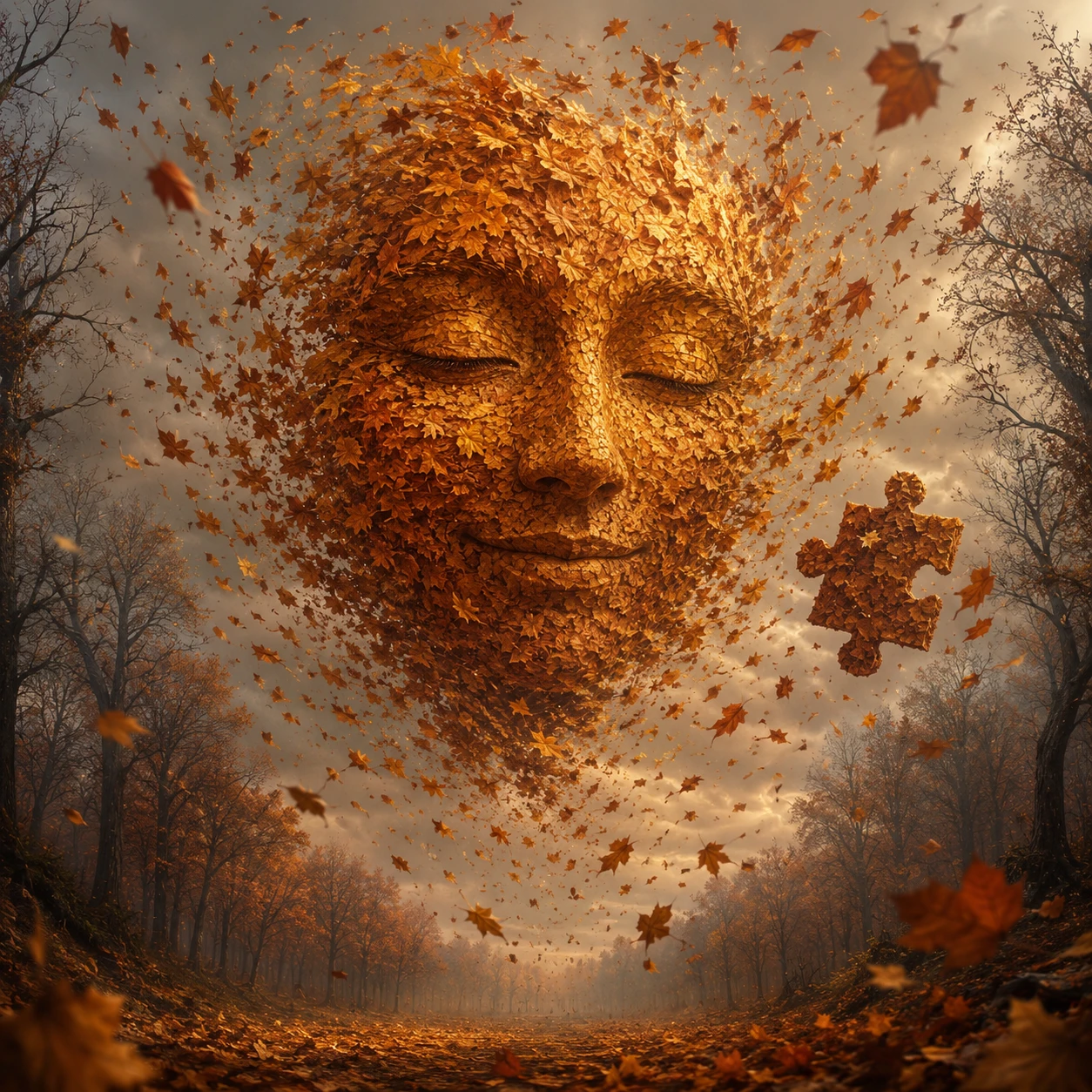 Visage flottant formé par les feuilles tourbillonnantes d’une forêt d’automne