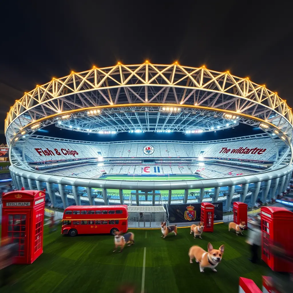 Maestoso stadio di calcio in argento e oro con icone inglesi