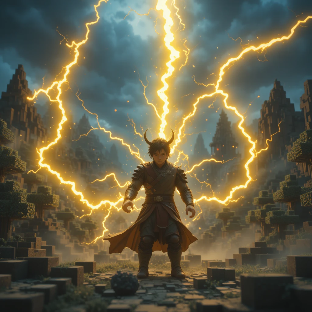 Guerreiro de anime liberando relâmpagos em um mundo montanhoso de voxels
