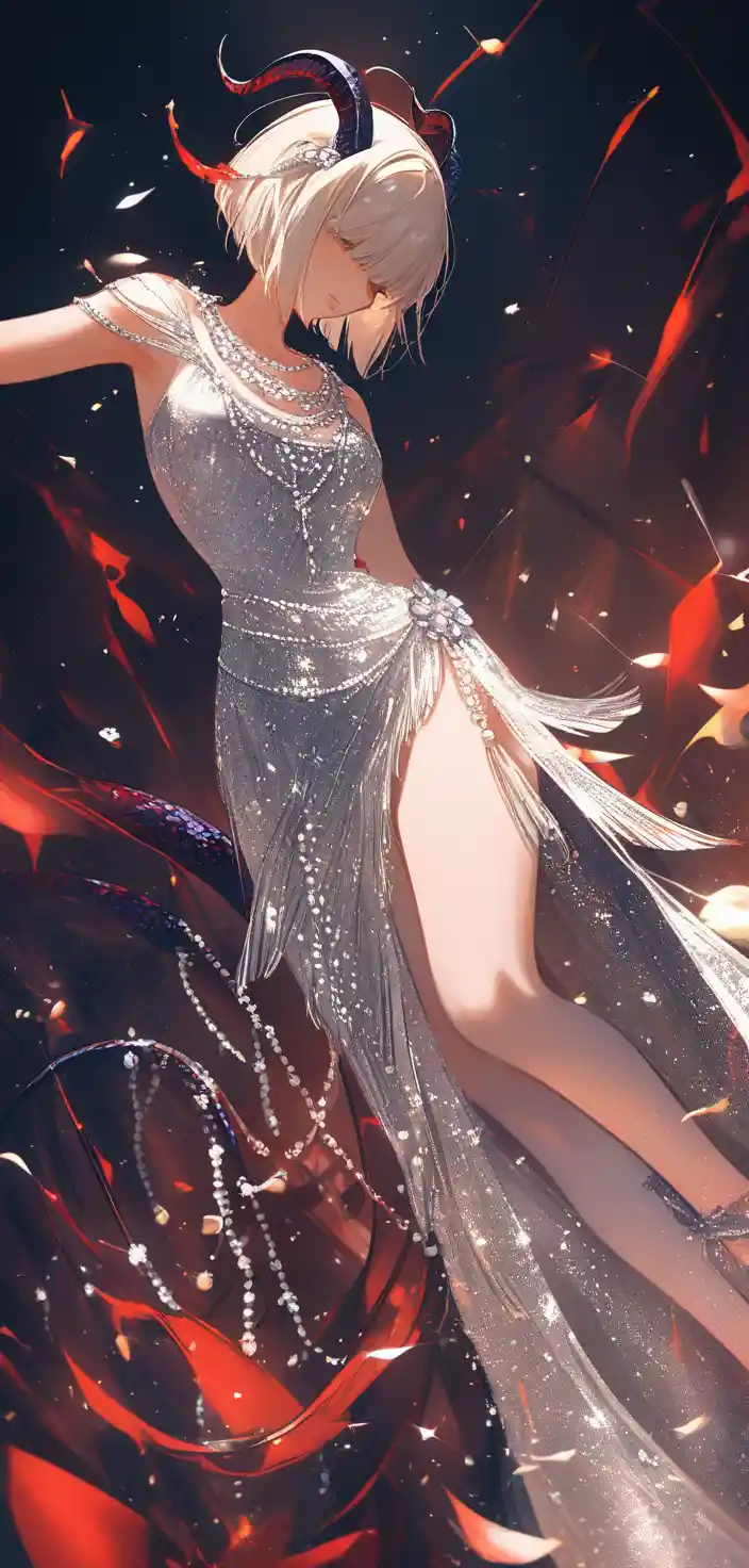 Flapper inspired tiefling woman dancing in low angle view