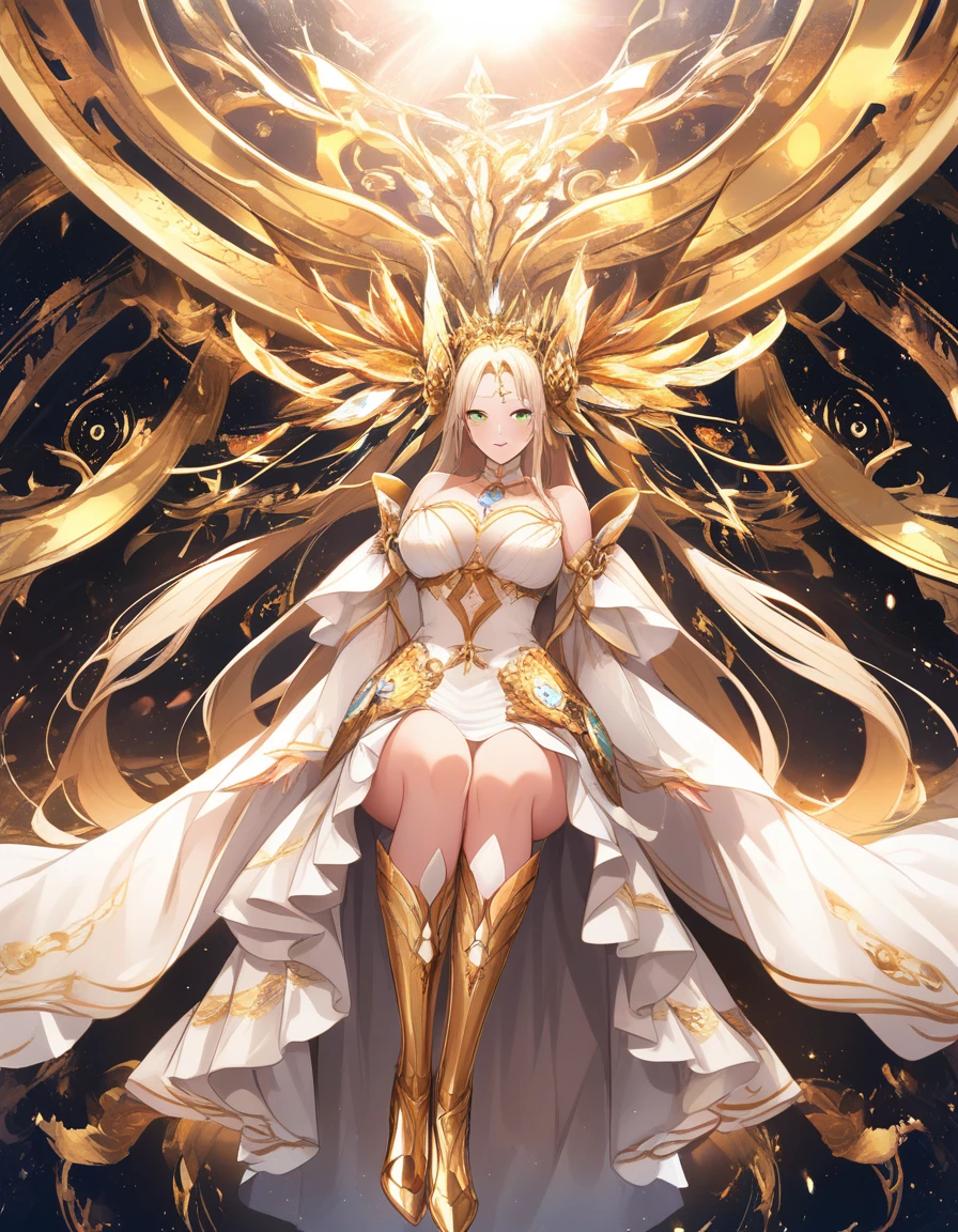 Radiant cosmic goddess seated on a golden throne