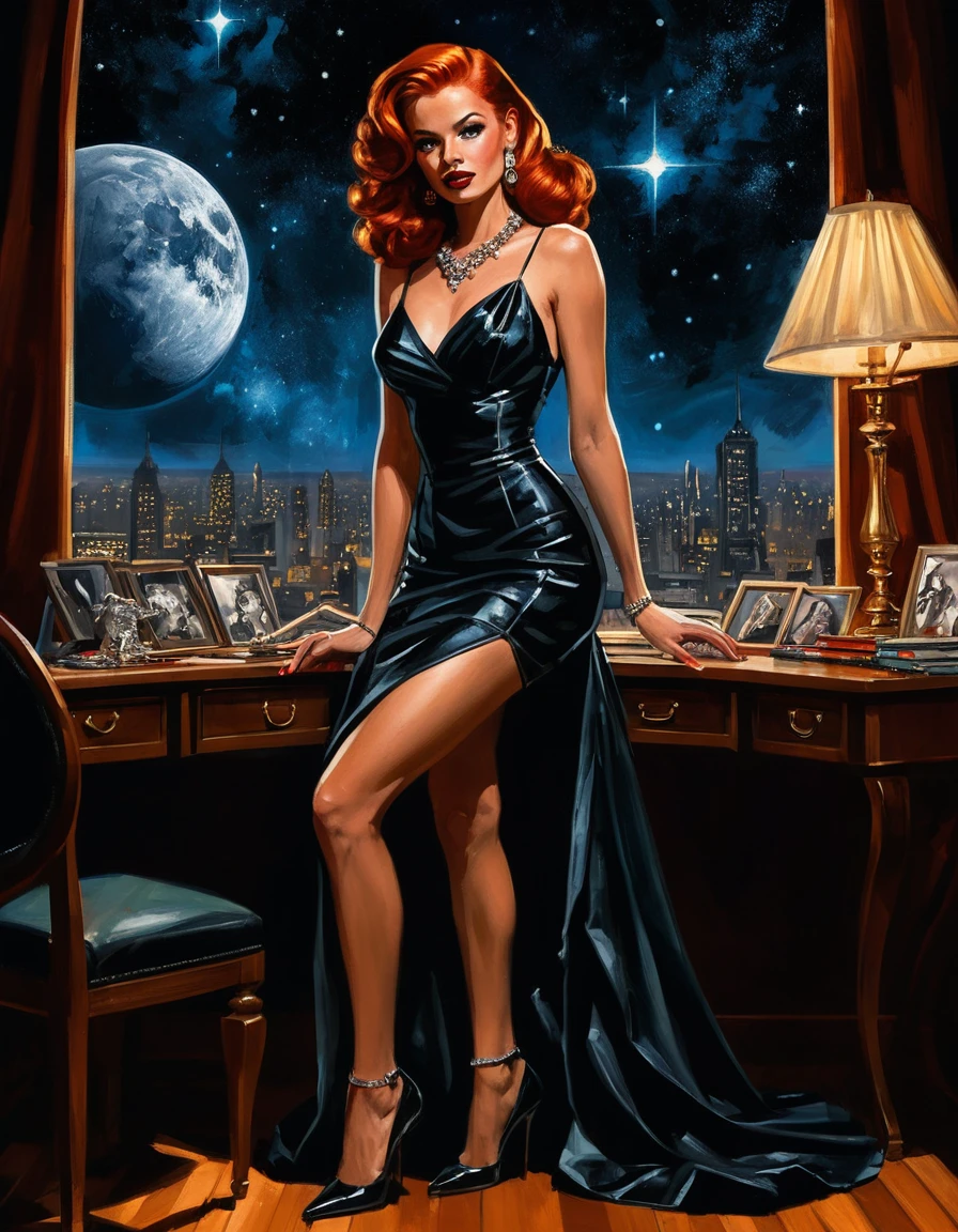 Redheaded pin up woman in celestial evening fashion