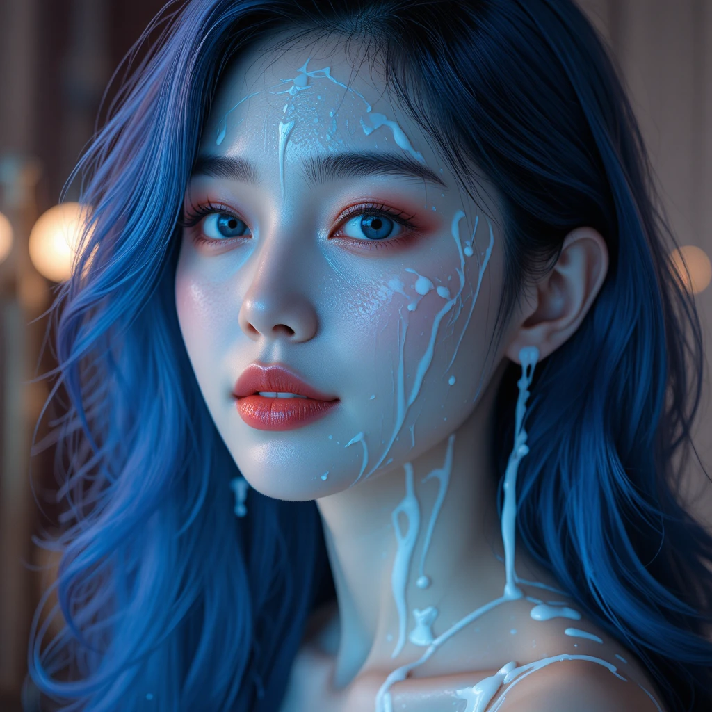 Fille souriante aux cheveux bleus et à la peau blanche lumineuse