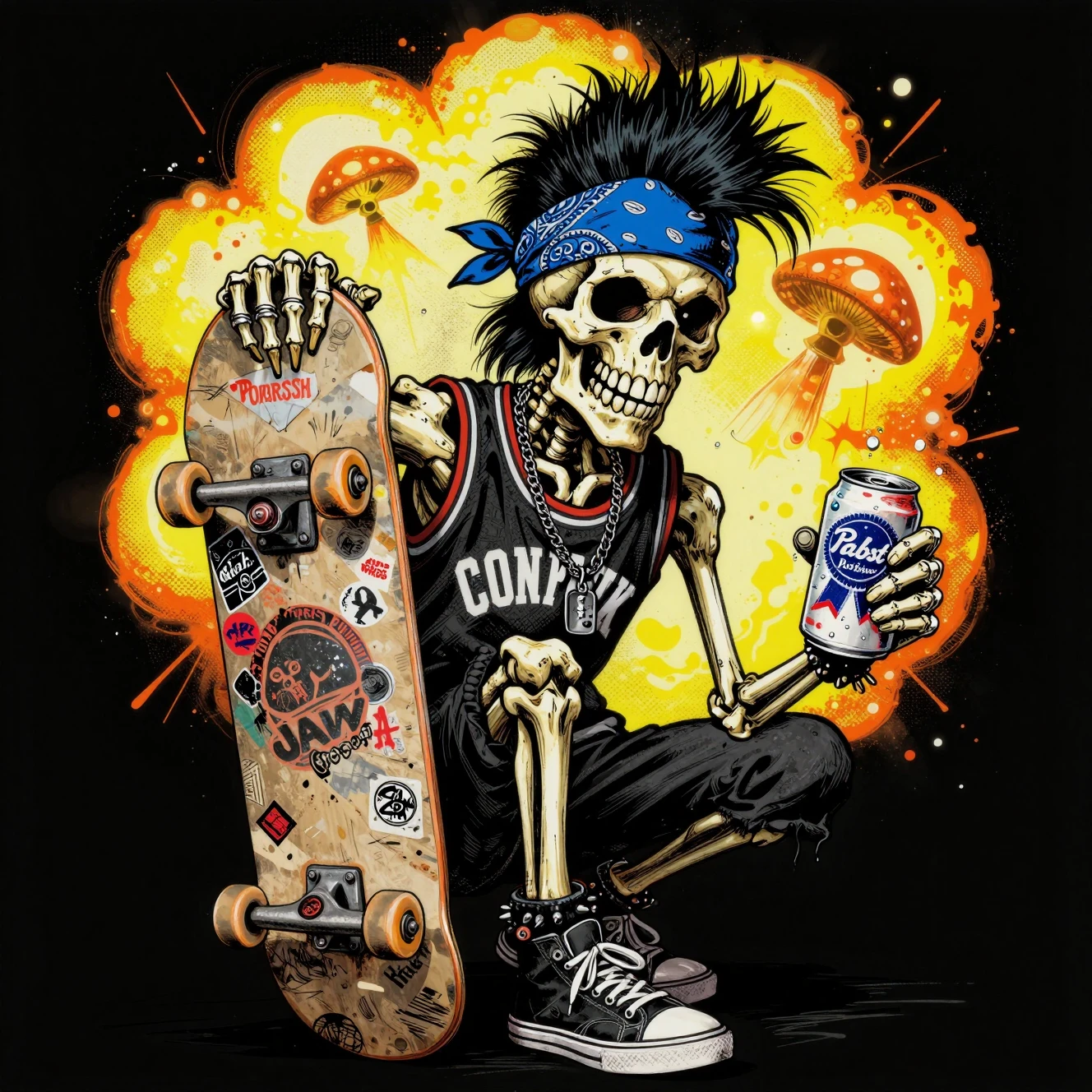 Mascote de skatista esqueleto punk com prancha e lata