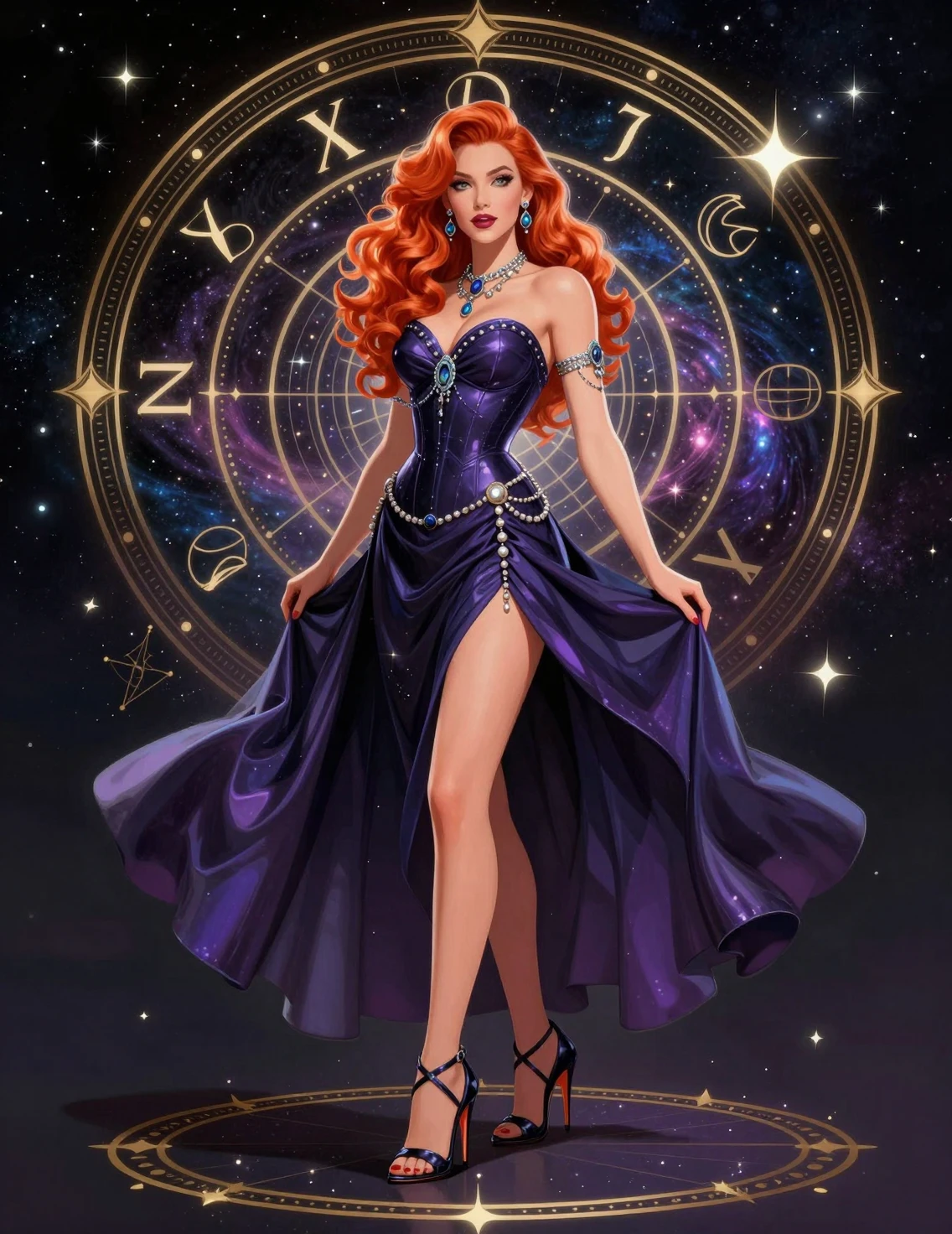 Rothaarige Frau in Stilettos und himmlischem Abendkleid