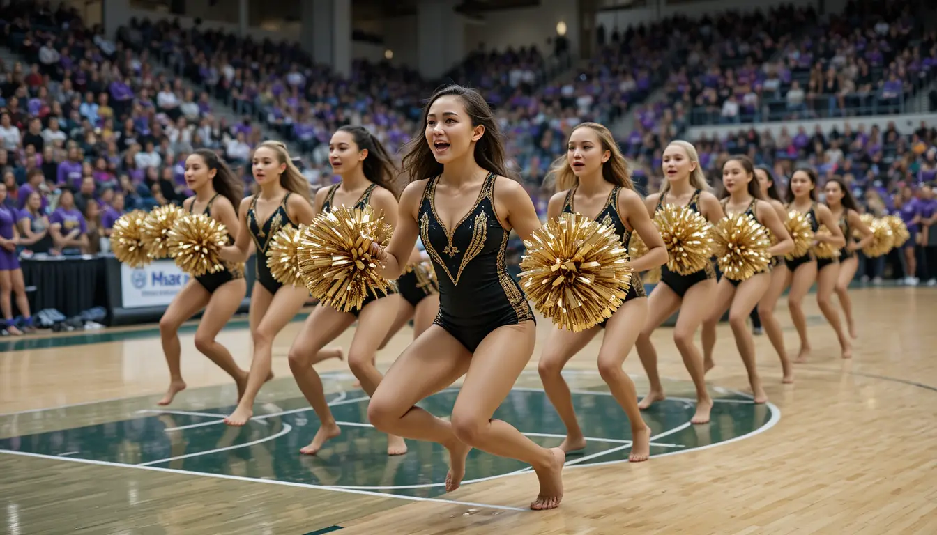 Dance team performing with gold pom poms on court