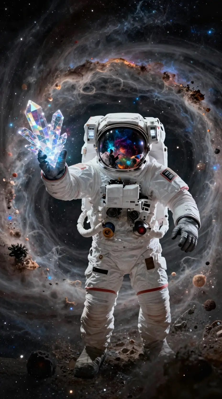 Astronaut hält leuchtenden Kristall im kosmischen Wirbel