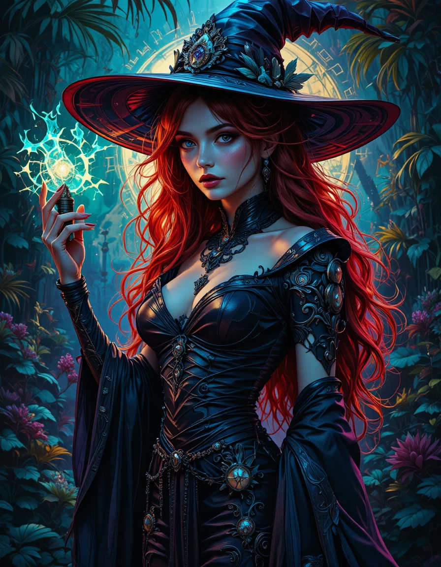 Red haired sorceress in dramatic neon lit fantasy scene